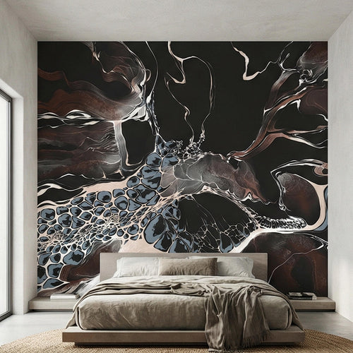 Abstract Geode Peel and Stick Wall Mural, Dark Fluid Marble, Black Brown Blue Agate, Organic Modern Moody Contemporary Luxury Wallpaper - The Fine Art Murals