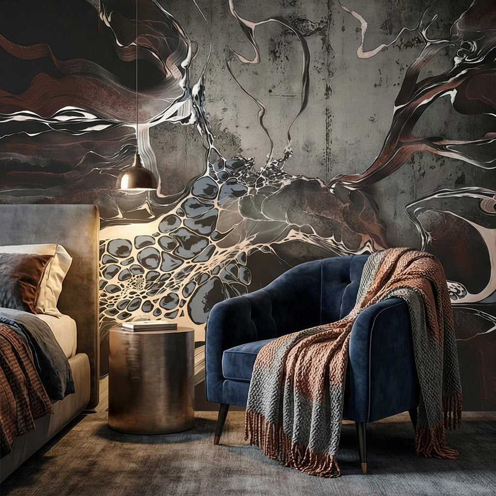 Abstract Geode Peel and Stick Wall Mural, Dark Fluid Marble, Black Brown Blue Agate, Organic Modern Moody Contemporary Luxury Wallpaper