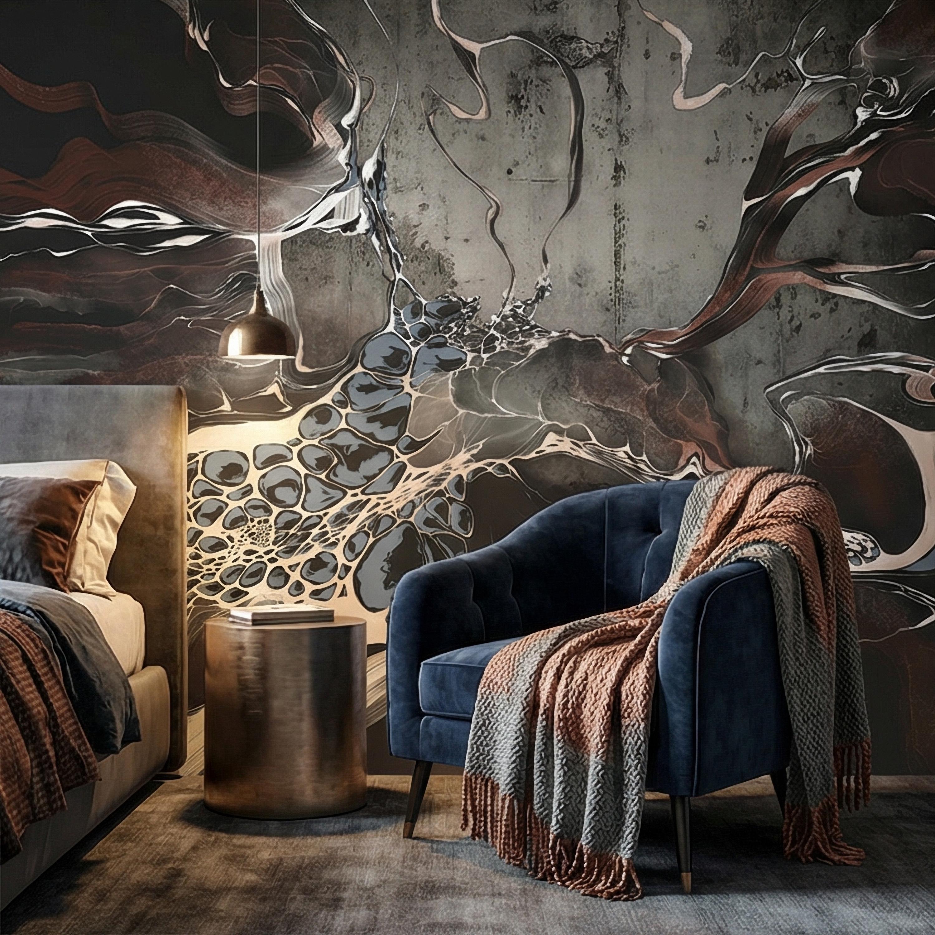 Abstract Geode Peel and Stick Wall Mural, Dark Fluid Marble, Black Brown Blue Agate, Organic Modern Moody Contemporary Luxury Wallpaper