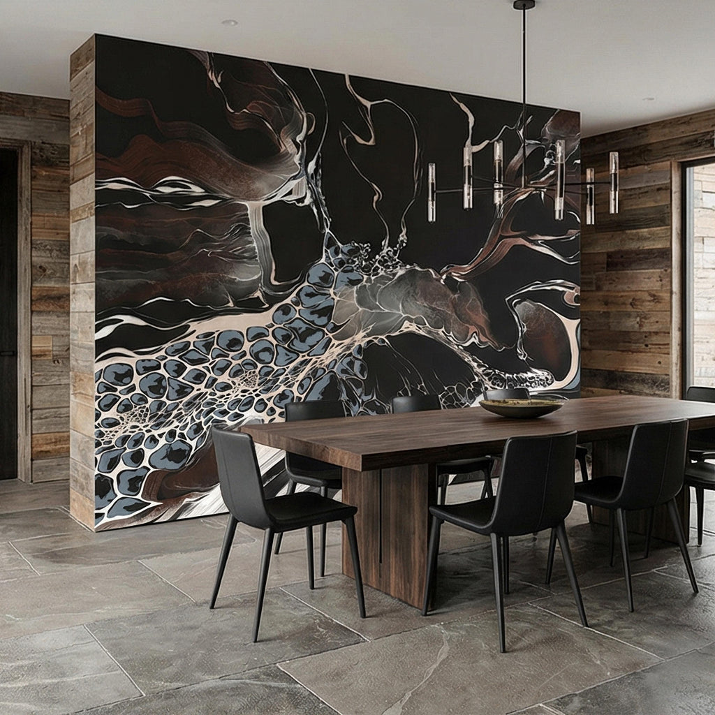 Abstract Geode Peel and Stick Wall Mural, Dark Fluid Marble, Black Brown Blue Agate, Organic Modern Moody Contemporary Luxury Wallpaper