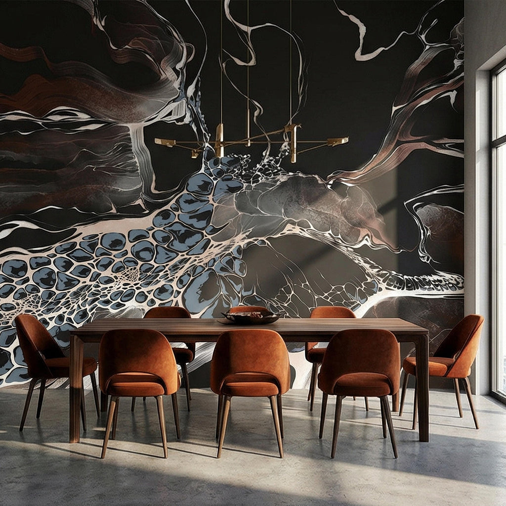 Abstract Geode Peel and Stick Wall Mural, Dark Fluid Marble, Black Brown Blue Agate, Organic Modern Moody Contemporary Luxury Wallpaper