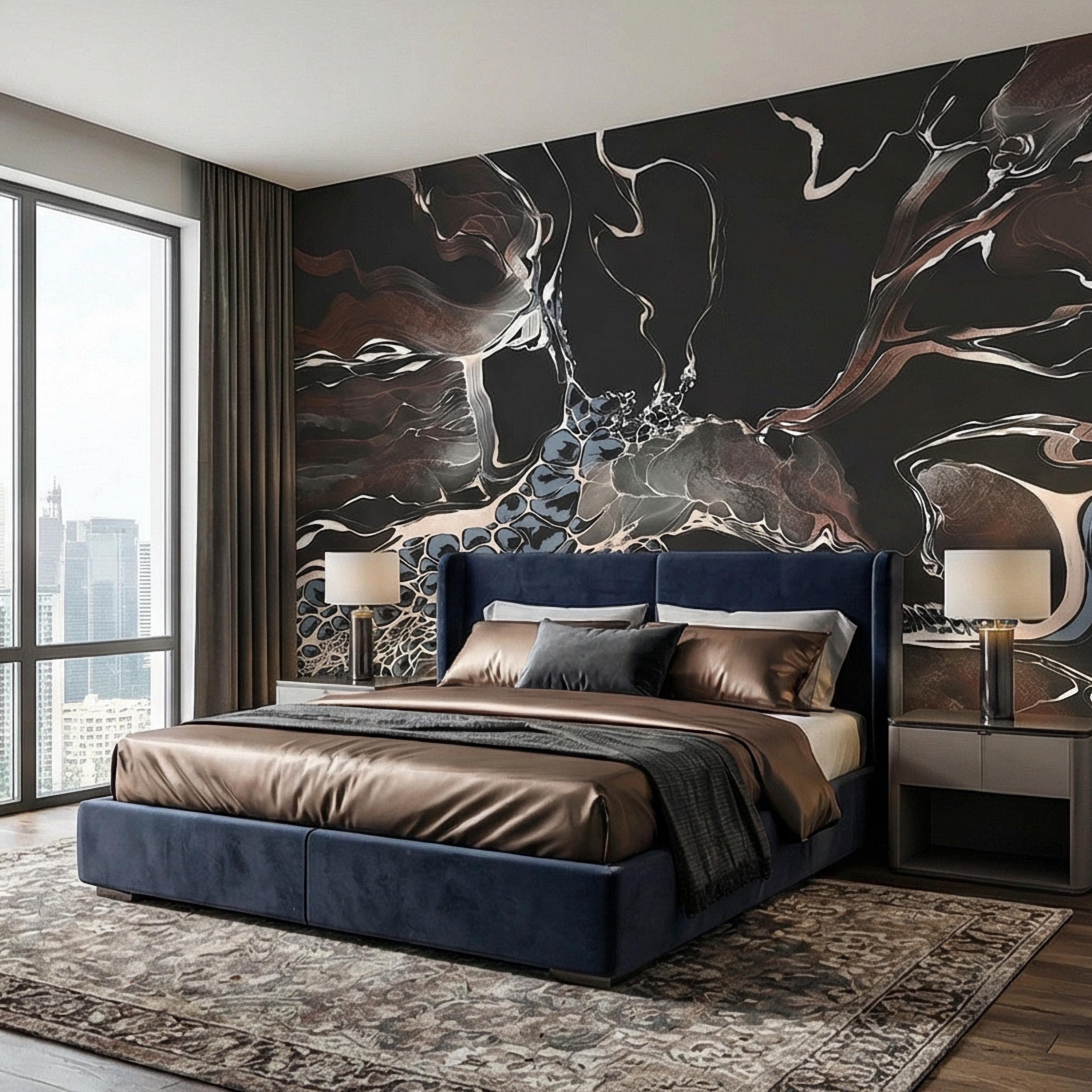 Abstract Geode Peel and Stick Wall Mural, Dark Fluid Marble, Black Brown Blue Agate, Organic Modern Moody Contemporary Luxury Wallpaper