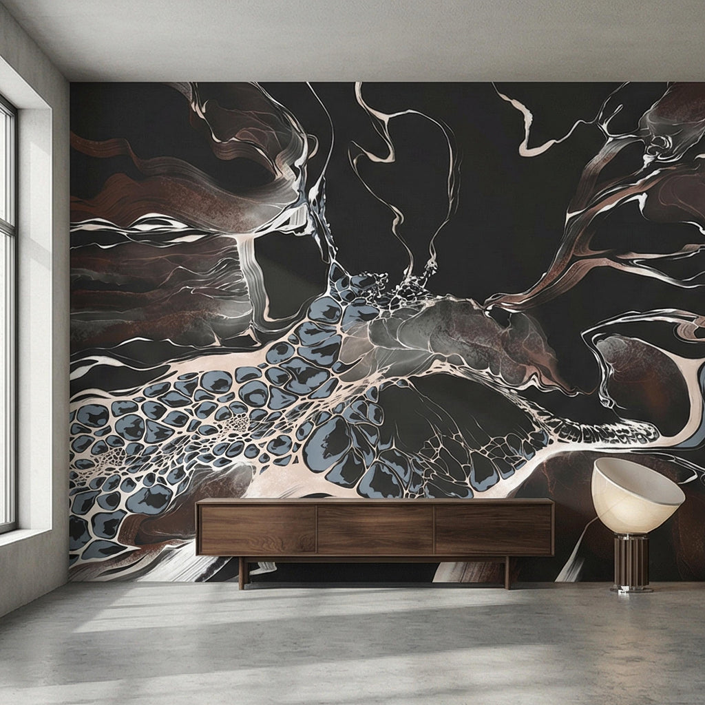 Abstract Geode Peel and Stick Wall Mural, Dark Fluid Marble, Black Brown Blue Agate, Organic Modern Moody Contemporary Luxury Wallpaper