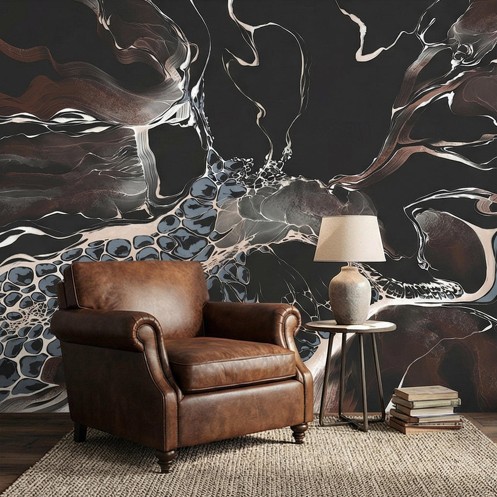 Abstract Geode Peel and Stick Wall Mural, Dark Fluid Marble, Black Brown Blue Agate, Organic Modern Moody Contemporary Luxury Wallpaper