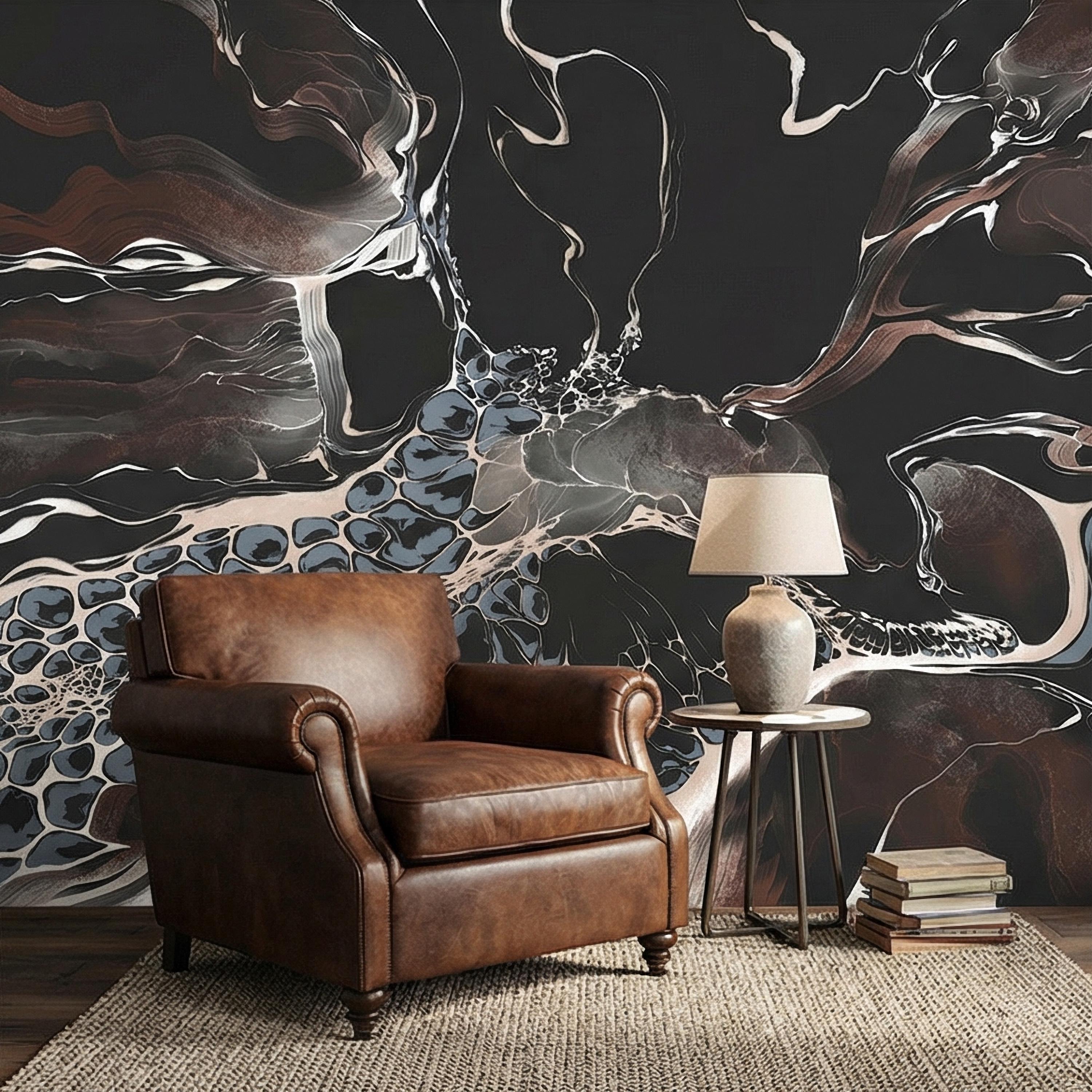 Abstract Geode Peel and Stick Wall Mural, Dark Fluid Marble, Black Brown Blue Agate, Organic Modern Moody Contemporary Luxury Wallpaper
