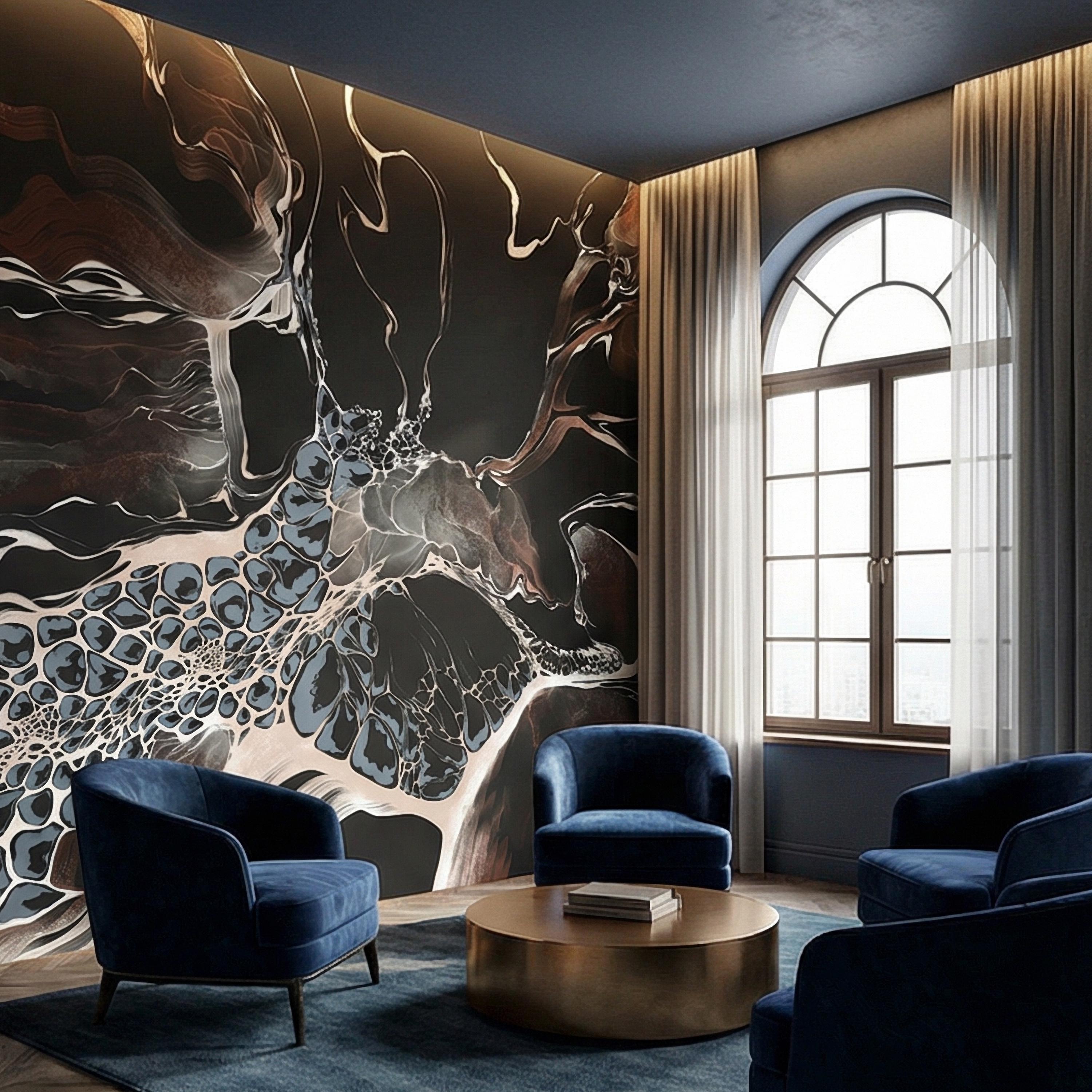 Abstract Geode Peel and Stick Wall Mural, Dark Fluid Marble, Black Brown Blue Agate, Organic Modern Moody Contemporary Luxury Wallpaper