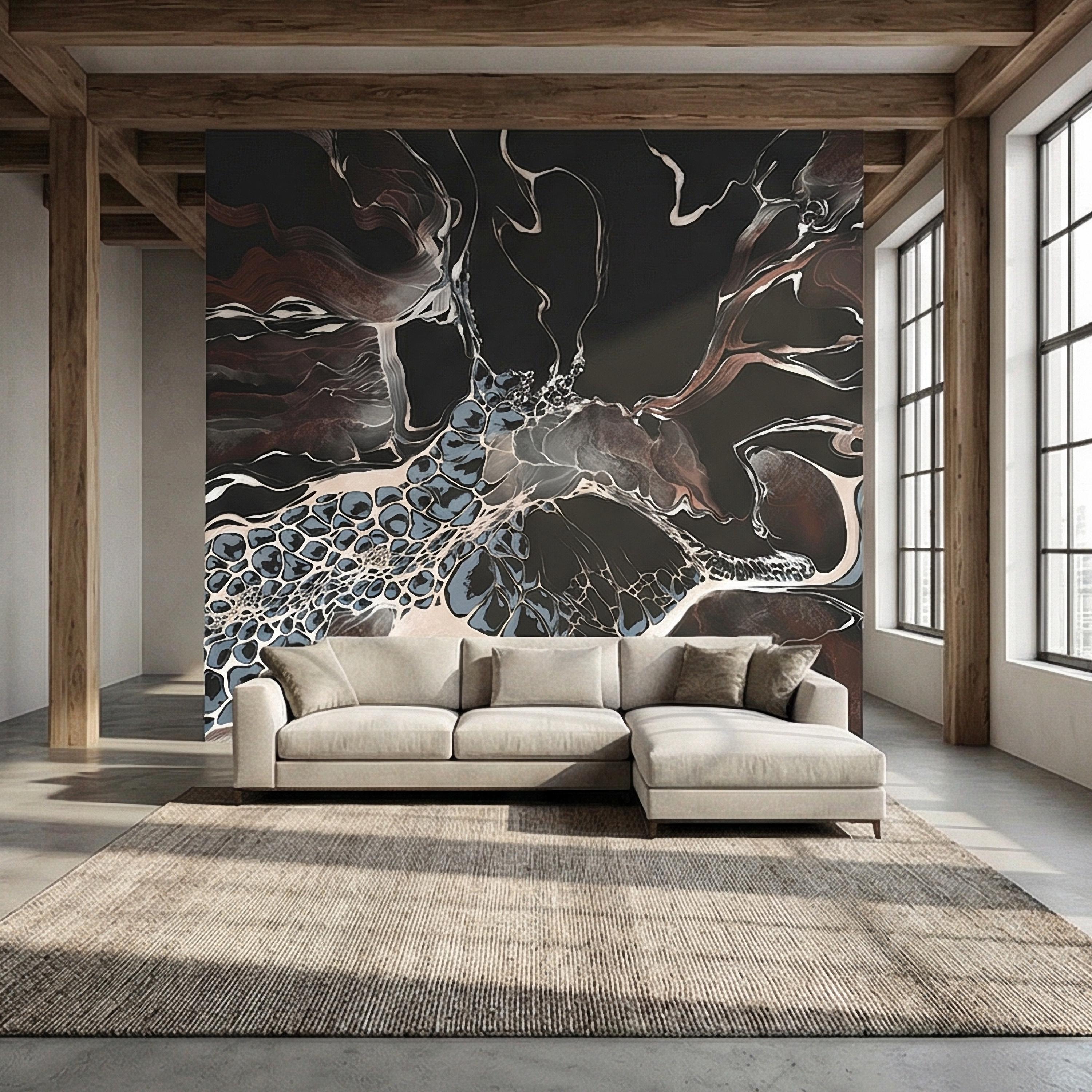 Abstract Geode Peel and Stick Wall Mural, Dark Fluid Marble, Black Brown Blue Agate, Organic Modern Moody Contemporary Luxury Wallpaper