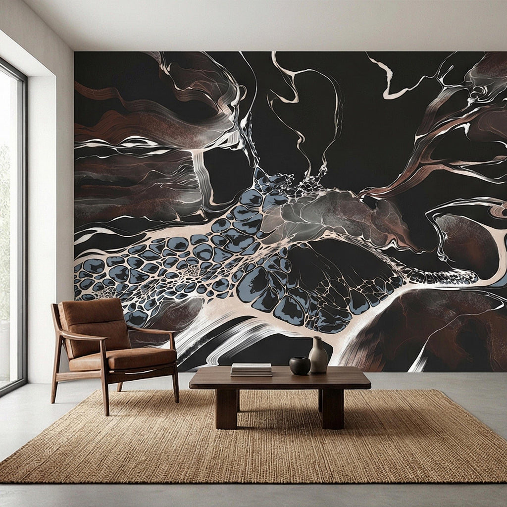 Abstract Geode Peel and Stick Wall Mural, Dark Fluid Marble, Black Brown Blue Agate, Organic Modern Moody Contemporary Luxury Wallpaper