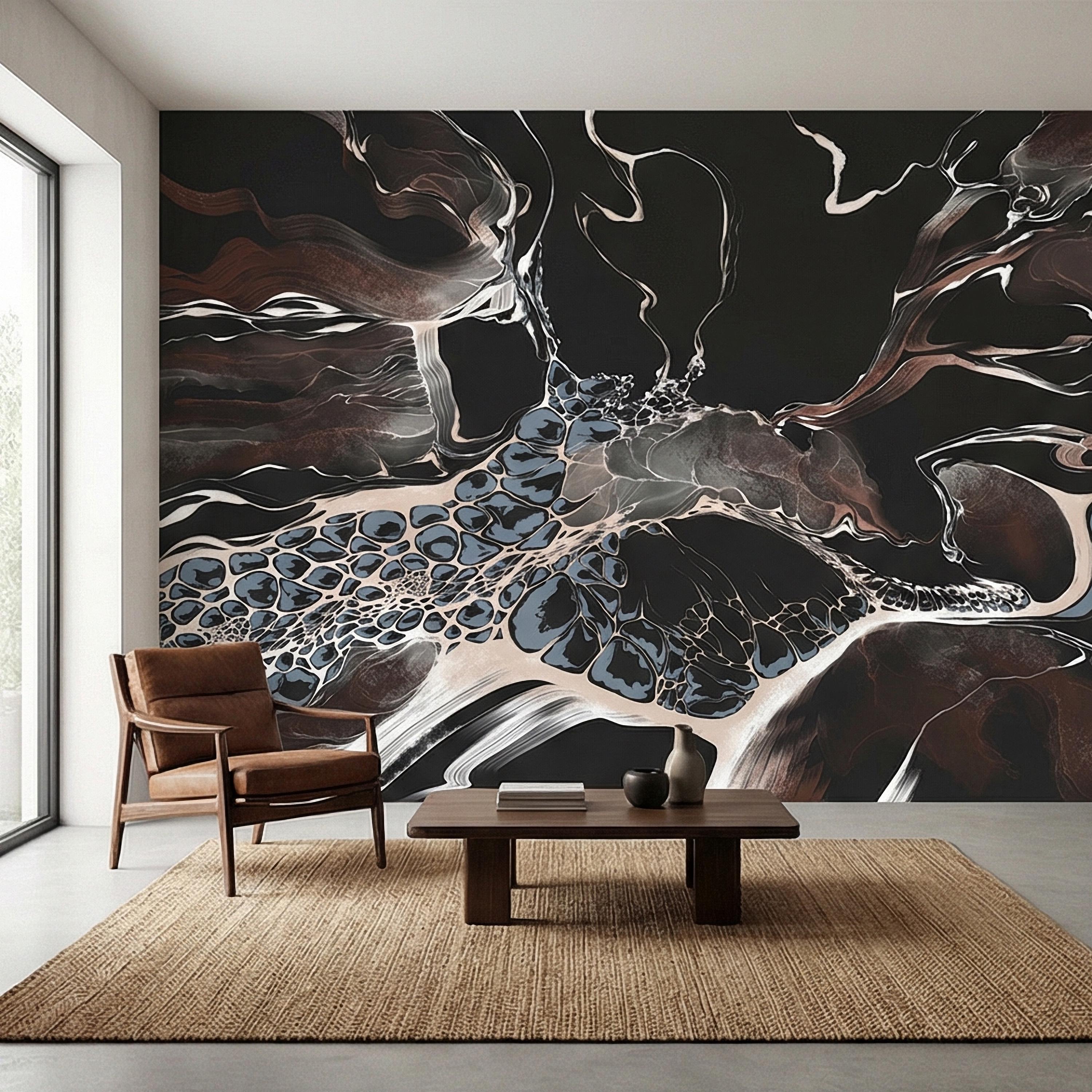 Abstract Geode Peel and Stick Wall Mural, Dark Fluid Marble, Black Brown Blue Agate, Organic Modern Moody Contemporary Luxury Wallpaper