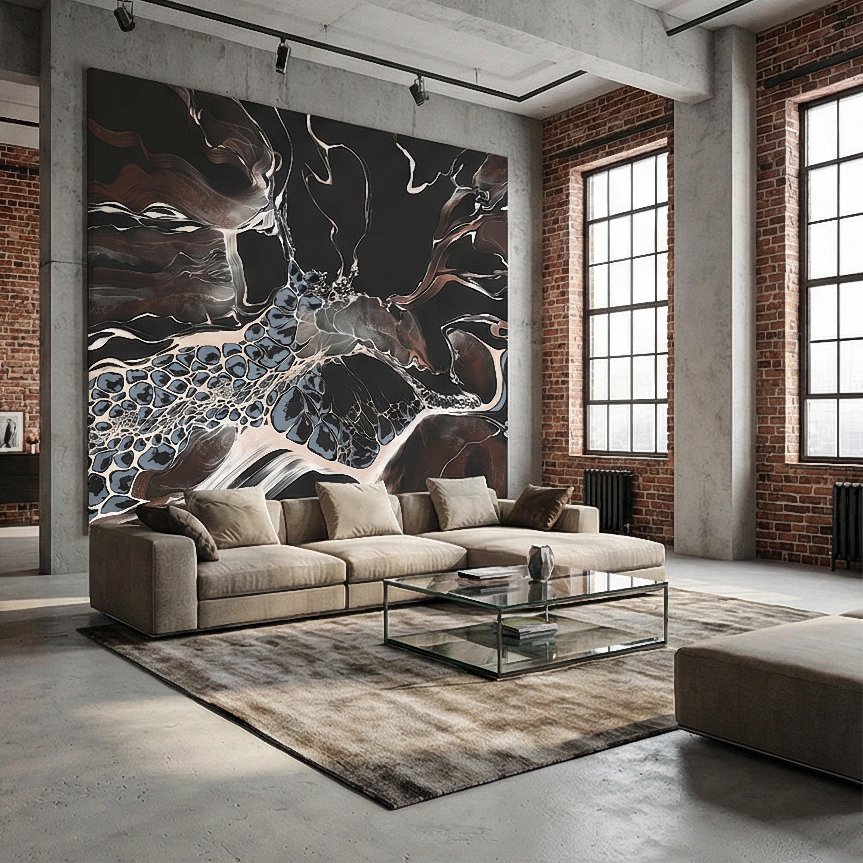 Abstract Geode Peel and Stick Wall Mural, Dark Fluid Marble, Black Brown Blue Agate, Organic Modern Moody Contemporary Luxury Wallpaper