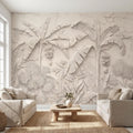 Neutral Ivory White Tropical Jungle Peel and Stick Wall Mural, 3D Plaster Banana Leaves and Palms, Textured Botanical Bas Relief Wallpaper