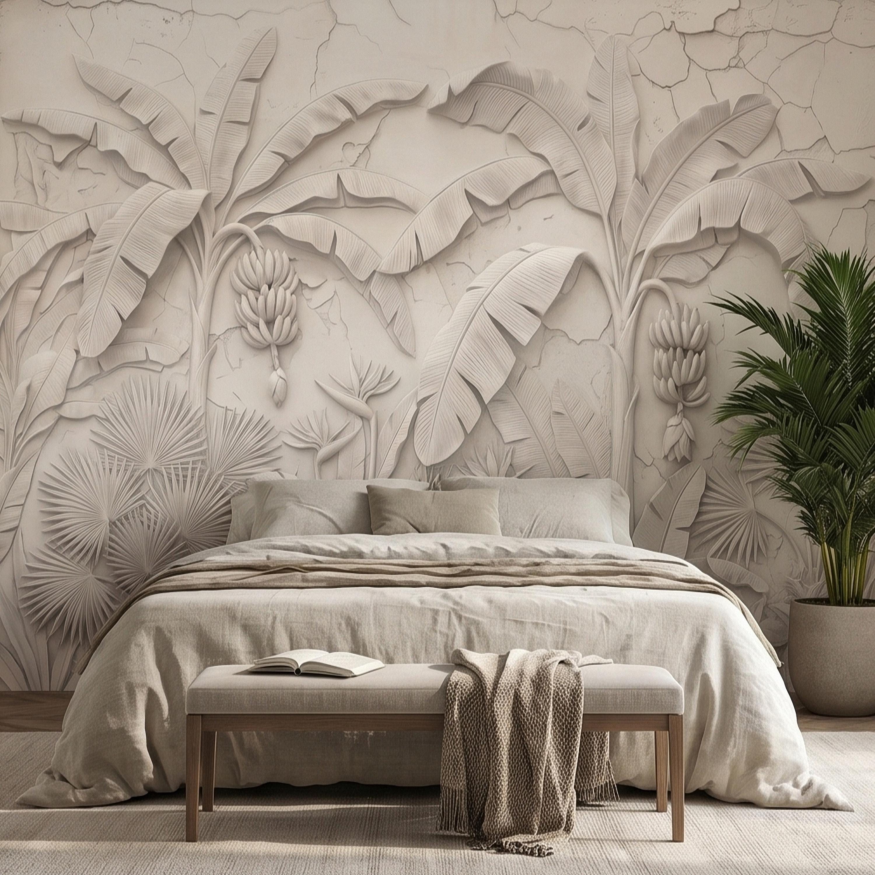 Neutral Ivory White Tropical Jungle Peel and Stick Wall Mural, 3D Plaster Banana Leaves and Palms, Textured Botanical Bas Relief Wallpaper