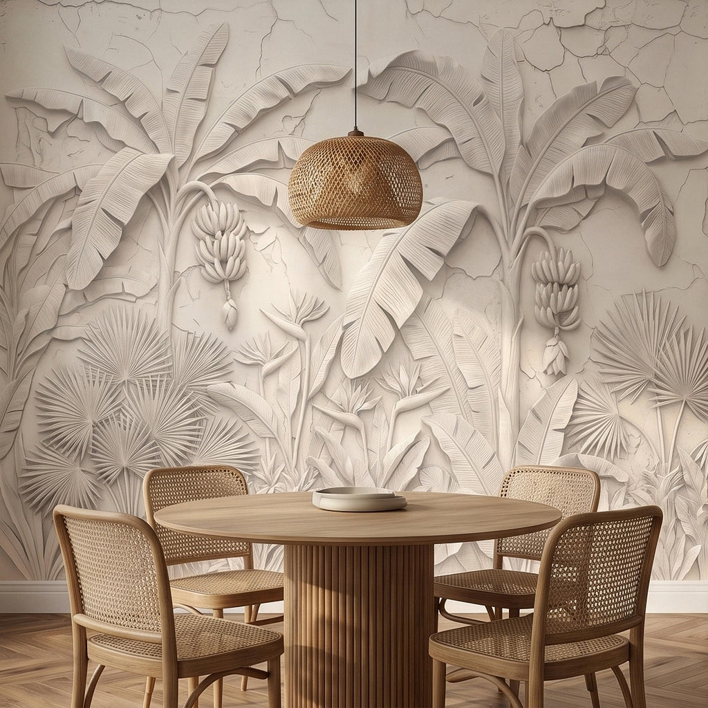 Neutral Ivory White Tropical Jungle Peel and Stick Wall Mural, 3D Plaster Banana Leaves and Palms, Textured Botanical Bas Relief Wallpaper