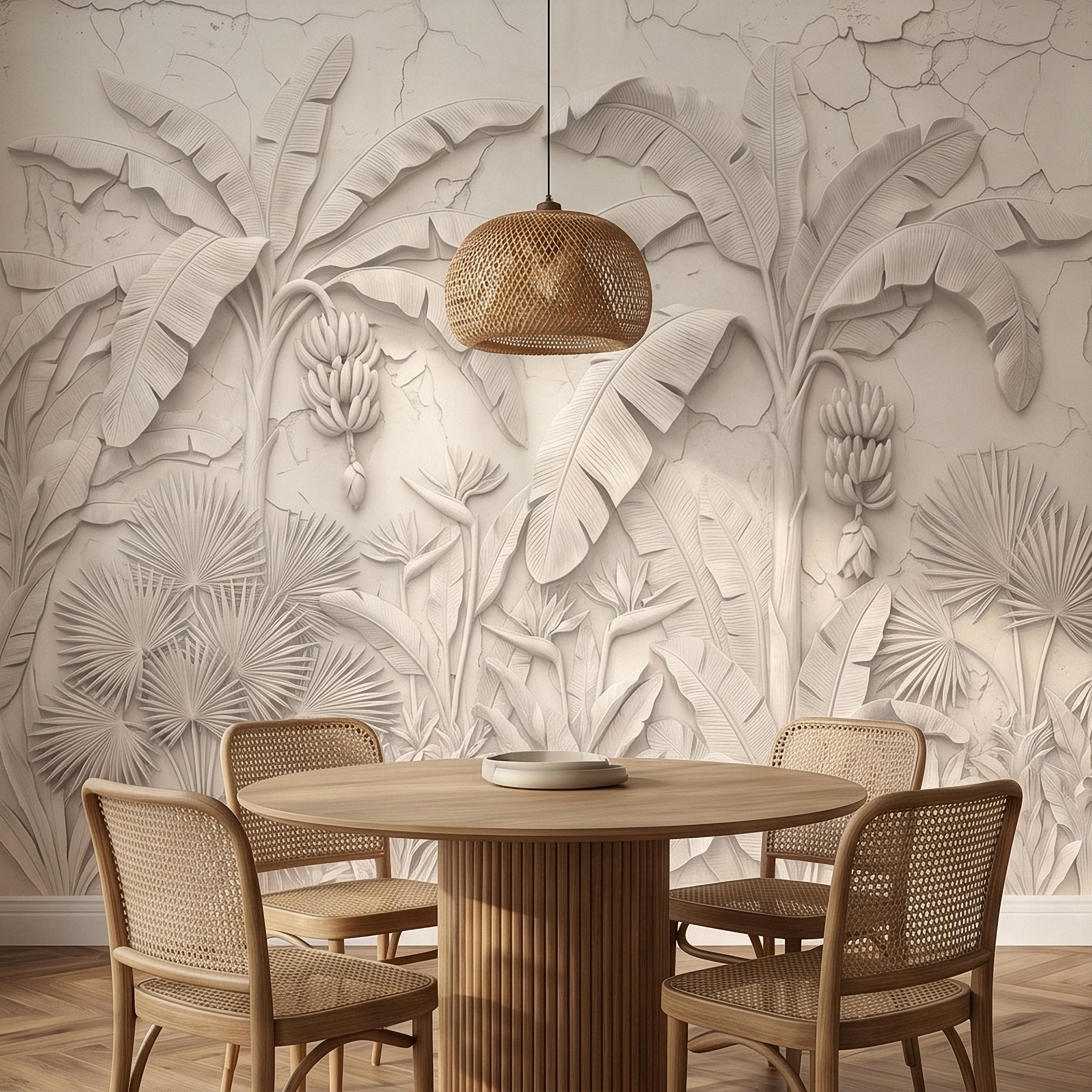 Neutral Ivory White Tropical Jungle Peel and Stick Wall Mural, 3D Plaster Banana Leaves and Palms, Textured Botanical Bas Relief Wallpaper