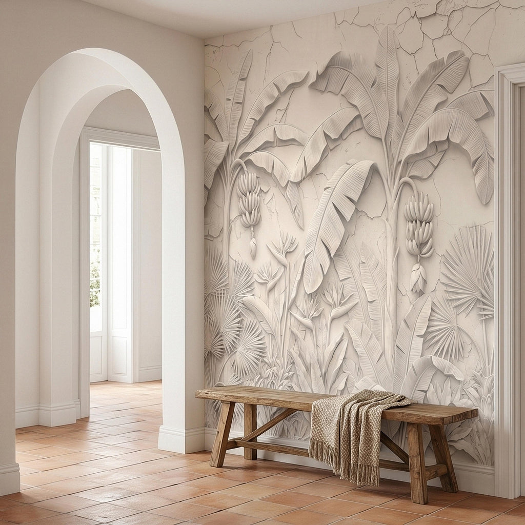 Neutral Ivory White Tropical Jungle Peel and Stick Wall Mural, 3D Plaster Banana Leaves and Palms, Textured Botanical Bas Relief Wallpaper
