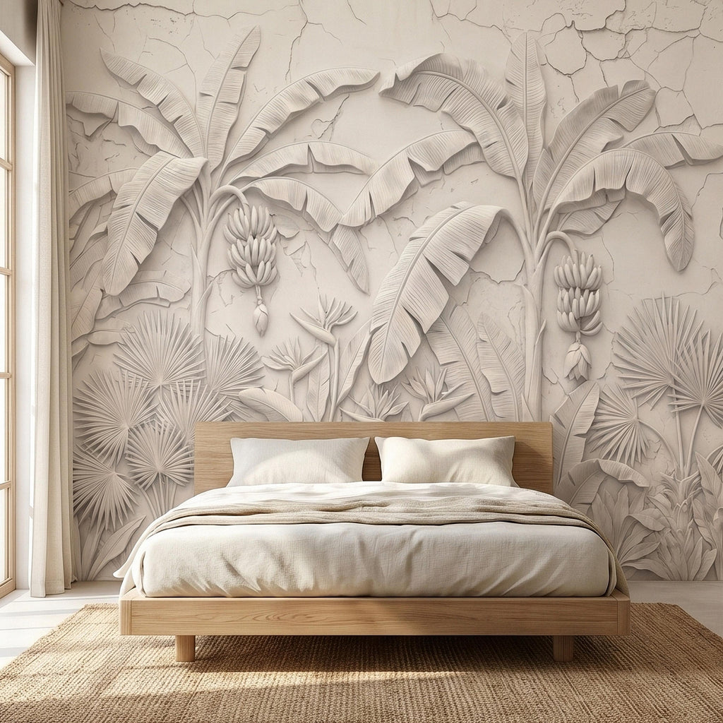 Neutral Ivory White Tropical Jungle Peel and Stick Wall Mural, 3D Plaster Banana Leaves and Palms, Textured Botanical Bas Relief Wallpaper