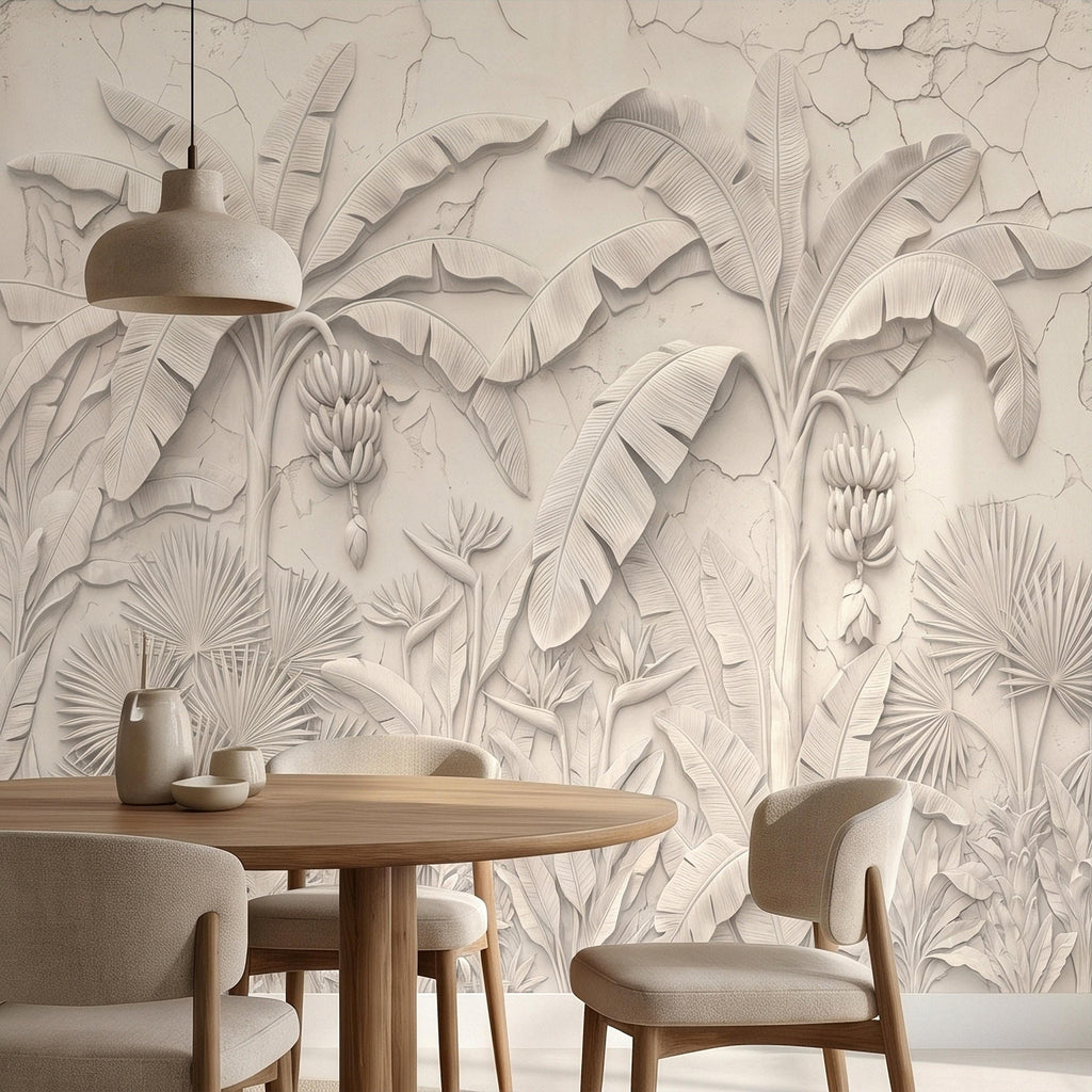 Neutral Ivory White Tropical Jungle Peel and Stick Wall Mural, 3D Plaster Banana Leaves and Palms, Textured Botanical Bas Relief Wallpaper