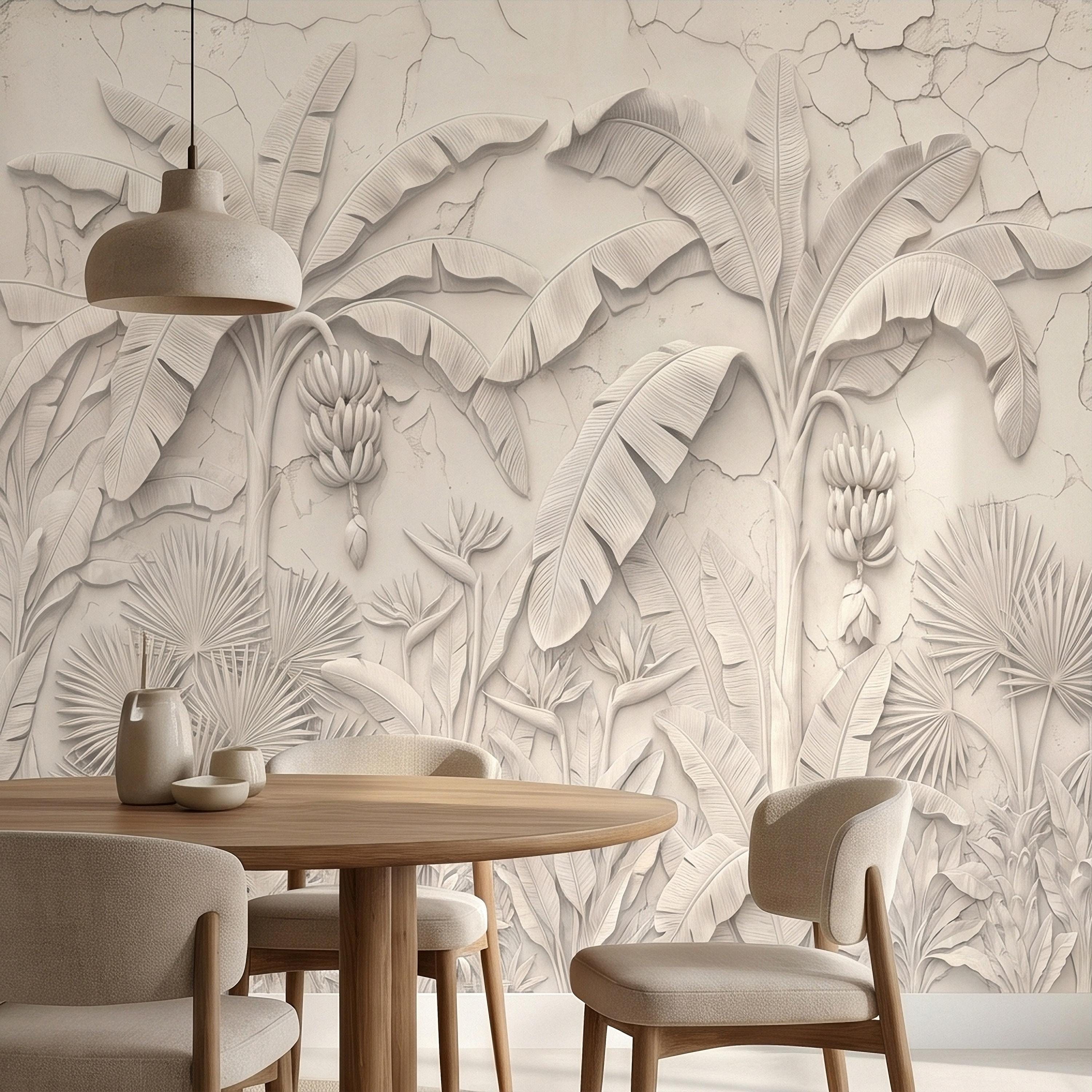Neutral Ivory White Tropical Jungle Peel and Stick Wall Mural, 3D Plaster Banana Leaves and Palms, Textured Botanical Bas Relief Wallpaper