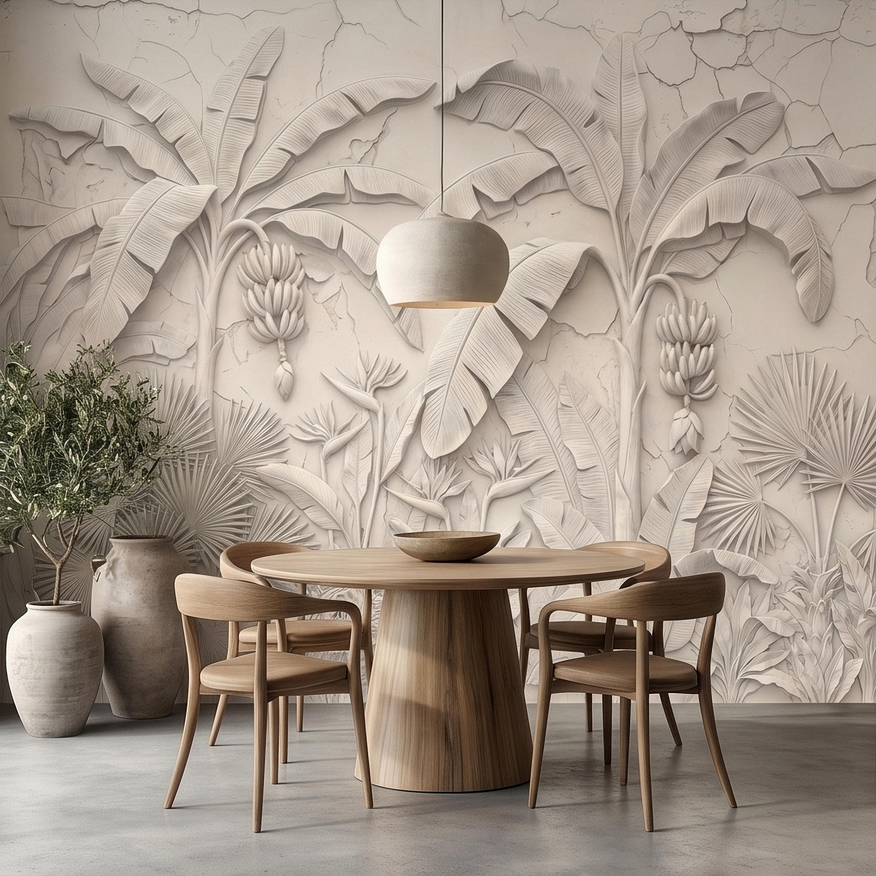Neutral Ivory White Tropical Jungle Peel and Stick Wall Mural, 3D Plaster Banana Leaves and Palms, Textured Botanical Bas Relief Wallpaper