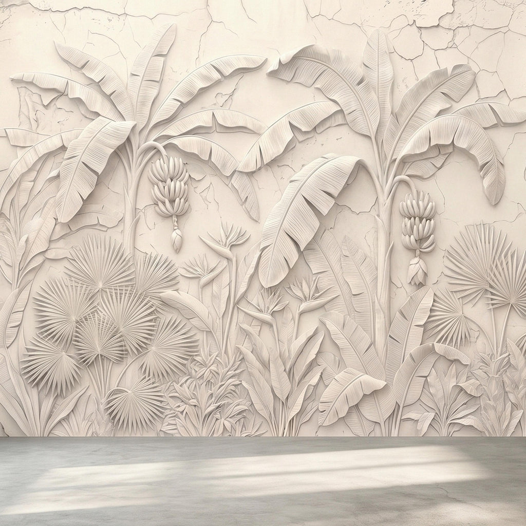 Neutral Ivory White Tropical Jungle Peel and Stick Wall Mural, 3D Plaster Banana Leaves and Palms, Textured Botanical Bas Relief Wallpaper