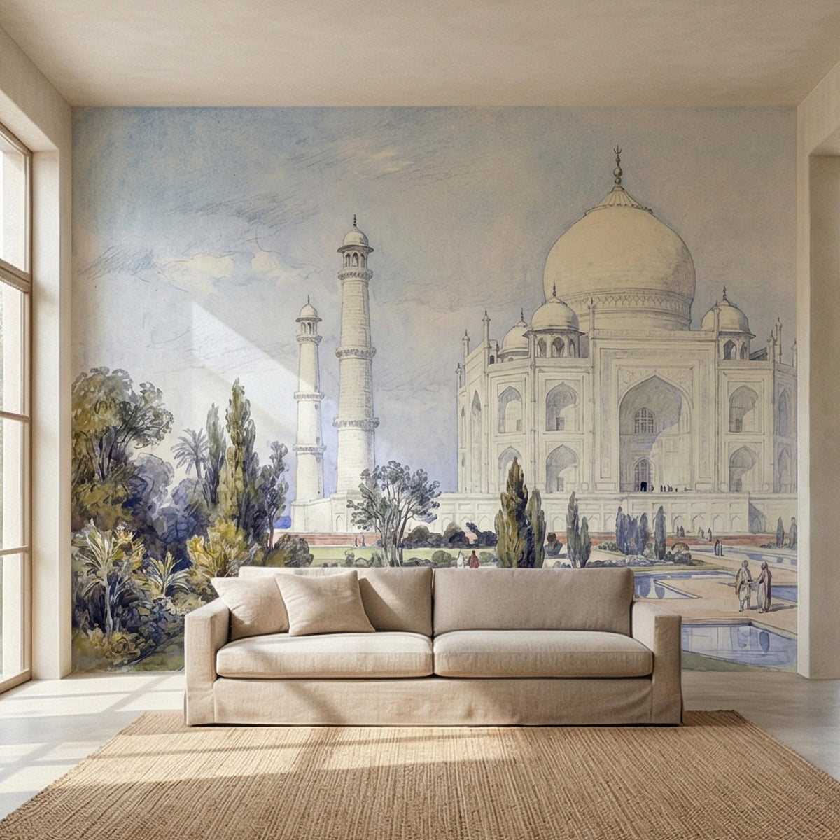 Taj Mahal Peel and Stick Wall Mural, Vintage Watercolor Historic Indian Architectural Landscape, Mughal Garden, Soft Blue Wallpaper - The Fine Art Murals