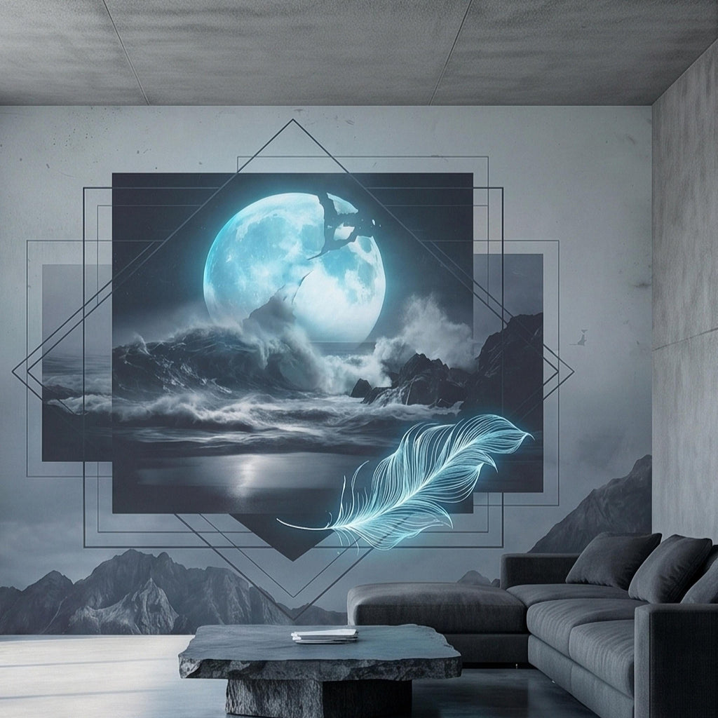 Moonlit Ocean Peel and Stick Wall Mural, Glowing Full Moon Over Stormy Waves, Geometric Frame Feather, Dark Surreal Celestial Wallpaper