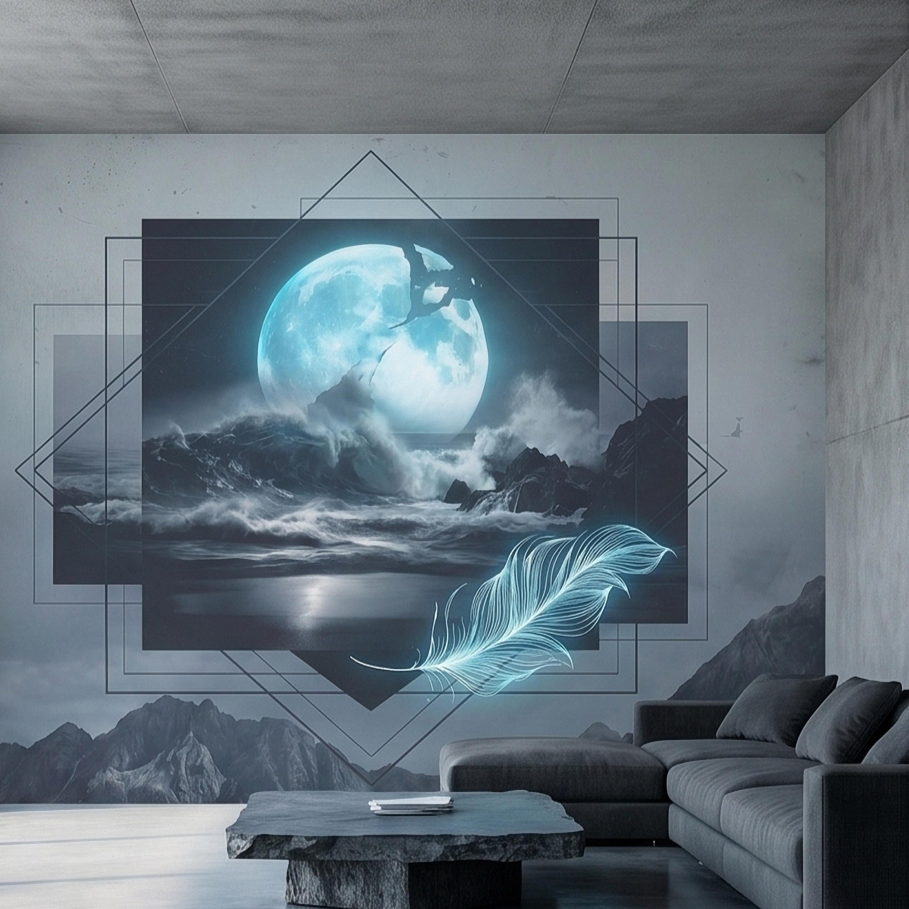 Moonlit Ocean Peel and Stick Wall Mural, Glowing Full Moon Over Stormy Waves, Geometric Frame Feather, Dark Surreal Celestial Wallpaper