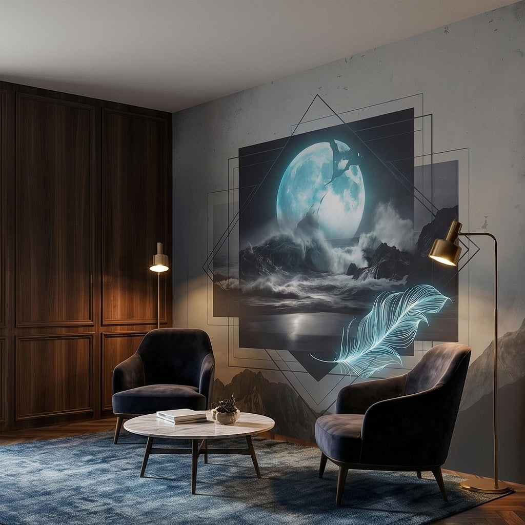 Moonlit Ocean Peel and Stick Wall Mural, Glowing Full Moon Over Stormy Waves, Geometric Frame Feather, Dark Surreal Celestial Wallpaper