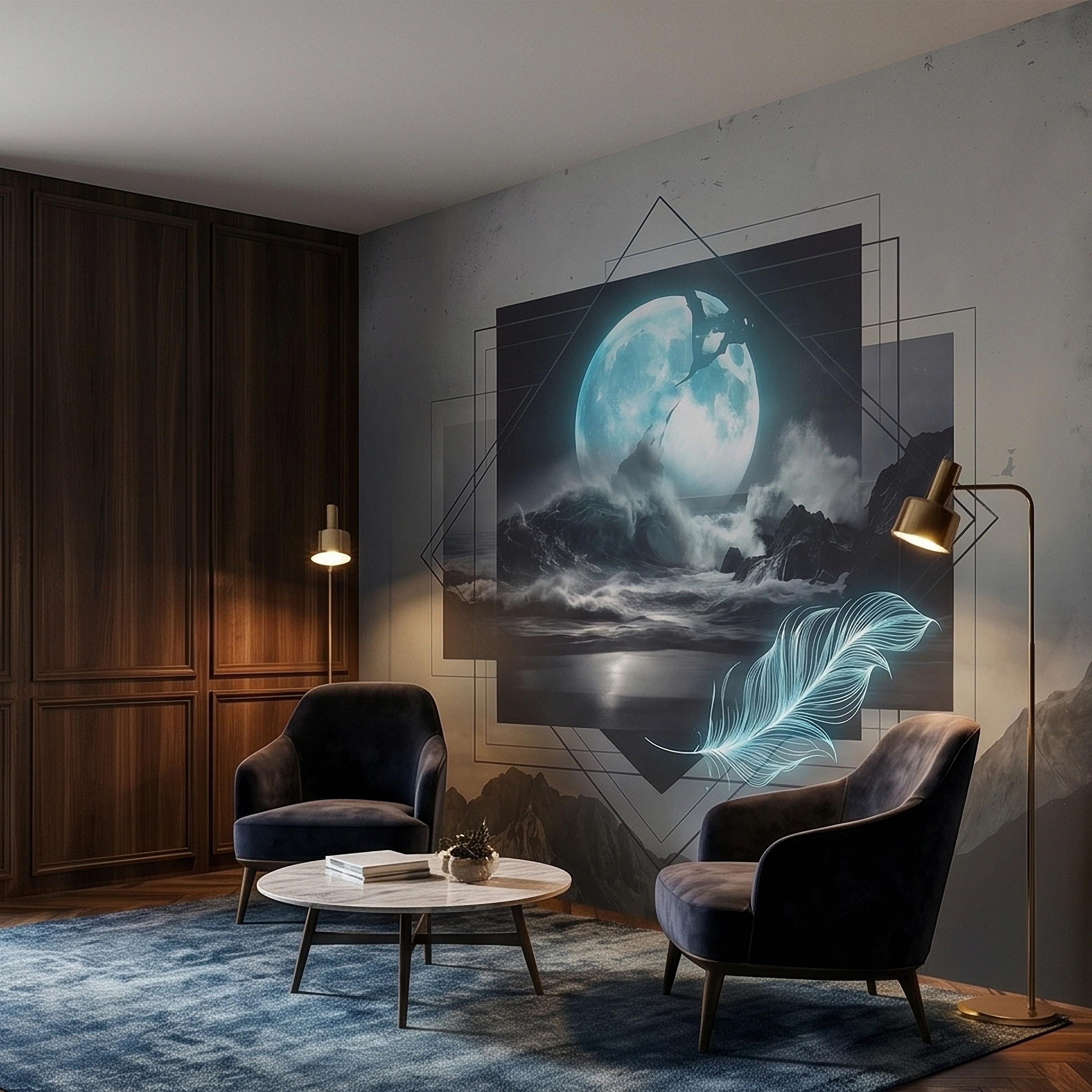 Moonlit Ocean Peel and Stick Wall Mural, Glowing Full Moon Over Stormy Waves, Geometric Frame Feather, Dark Surreal Celestial Wallpaper