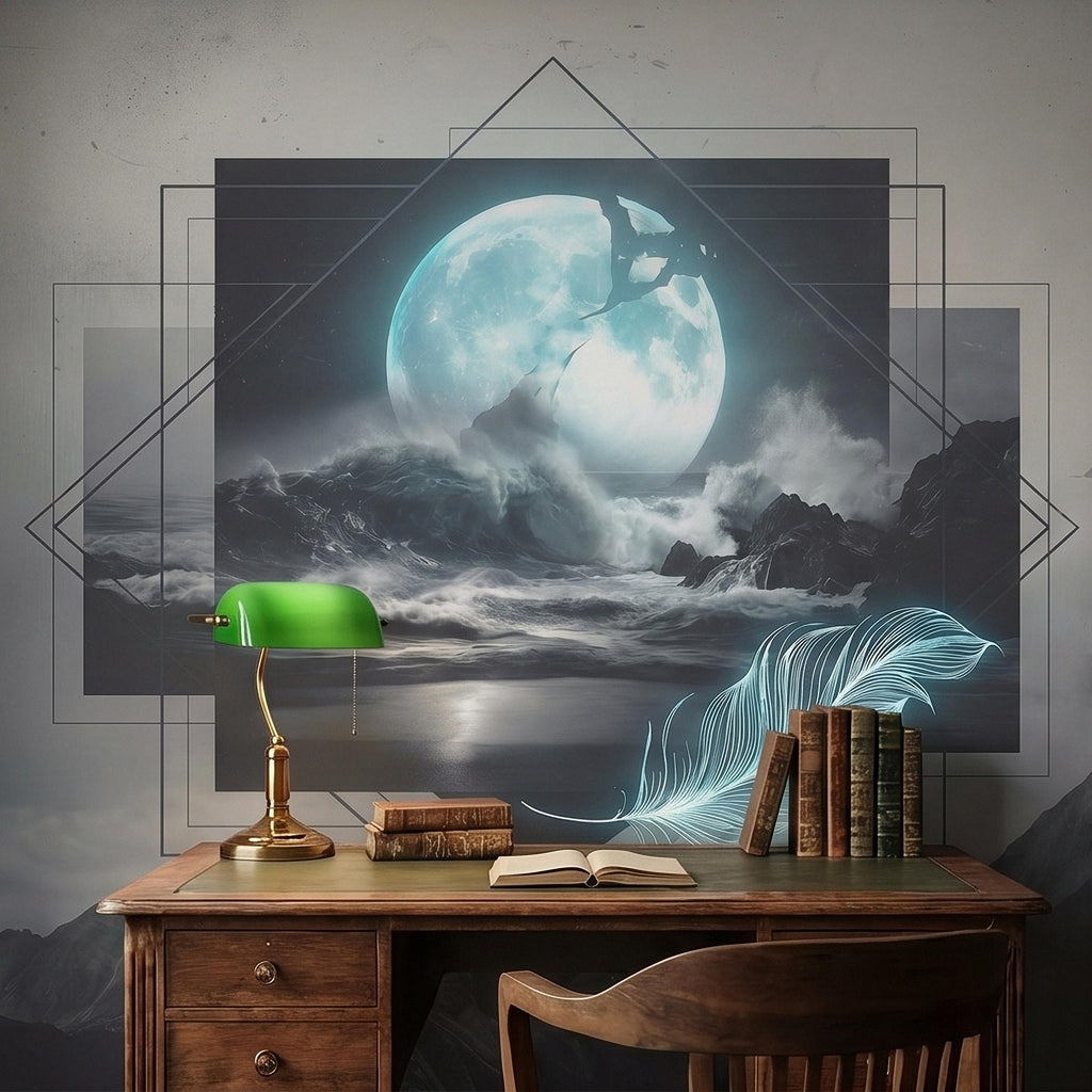 Moonlit Ocean Peel and Stick Wall Mural, Glowing Full Moon Over Stormy Waves, Geometric Frame Feather, Dark Surreal Celestial Wallpaper