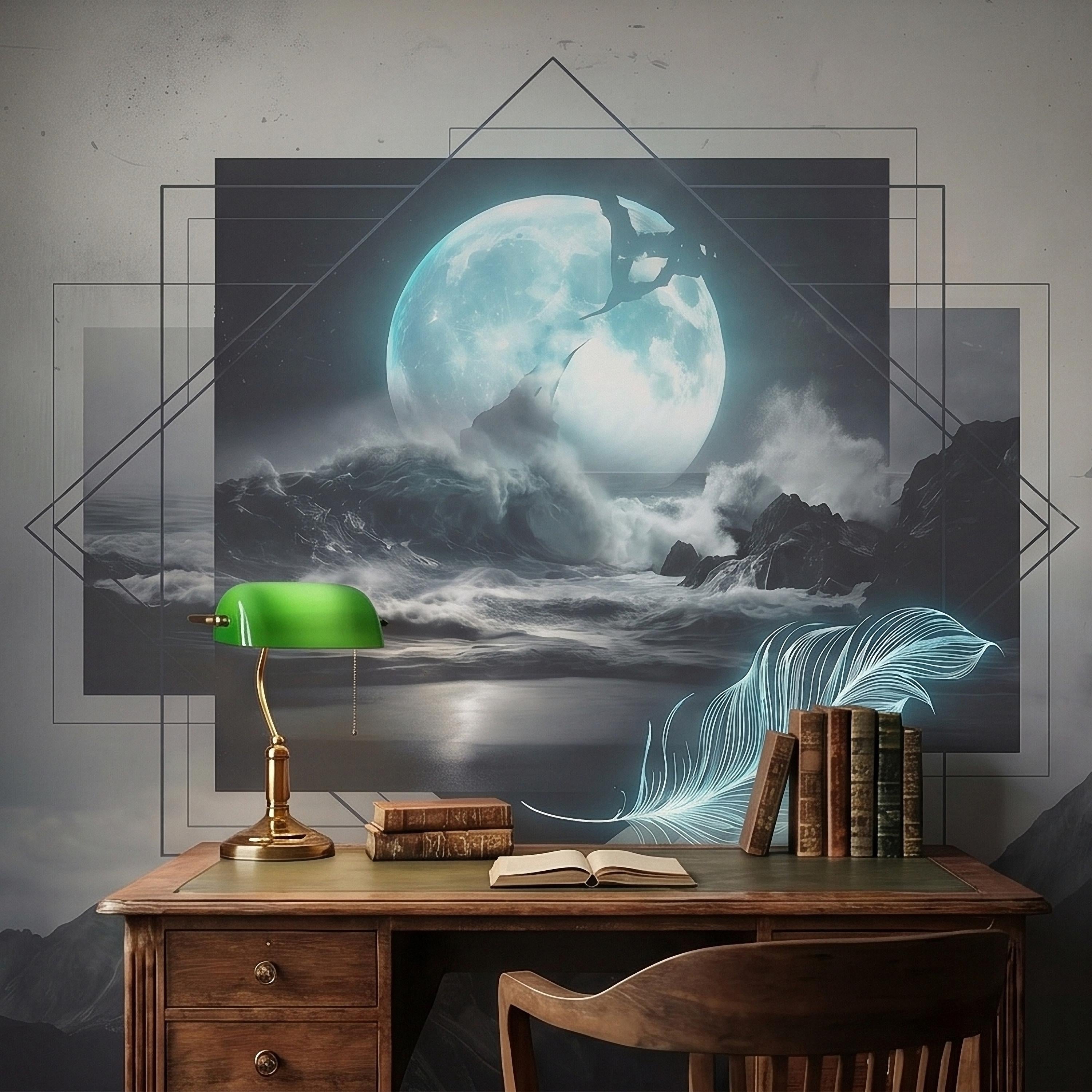 Moonlit Ocean Peel and Stick Wall Mural, Glowing Full Moon Over Stormy Waves, Geometric Frame Feather, Dark Surreal Celestial Wallpaper