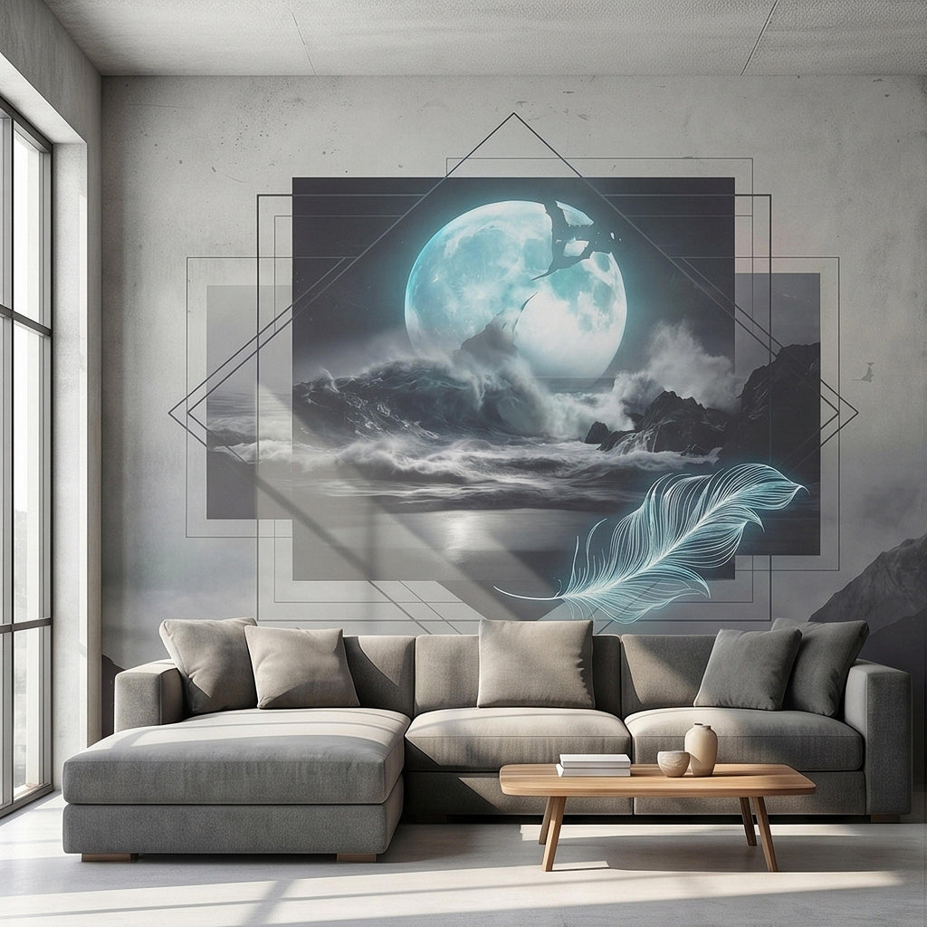Moonlit Ocean Peel and Stick Wall Mural, Glowing Full Moon Over Stormy Waves, Geometric Frame Feather, Dark Surreal Celestial Wallpaper