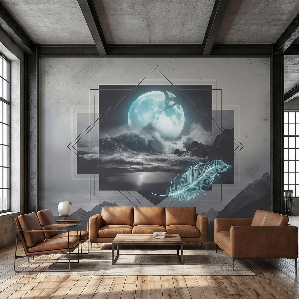 Moonlit Ocean Peel and Stick Wall Mural, Glowing Full Moon Over Stormy Waves, Geometric Frame Feather, Dark Surreal Celestial Wallpaper