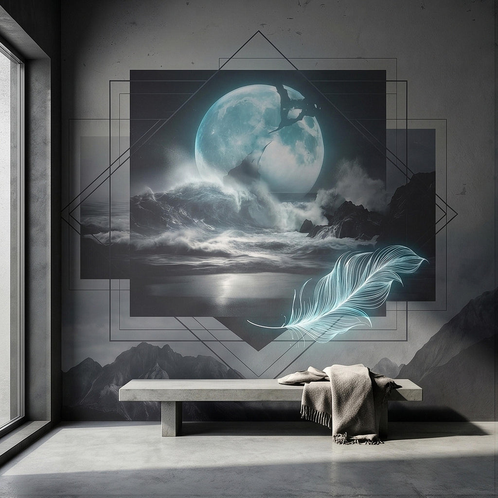 Moonlit Ocean Peel and Stick Wall Mural, Glowing Full Moon Over Stormy Waves, Geometric Frame Feather, Dark Surreal Celestial Wallpaper
