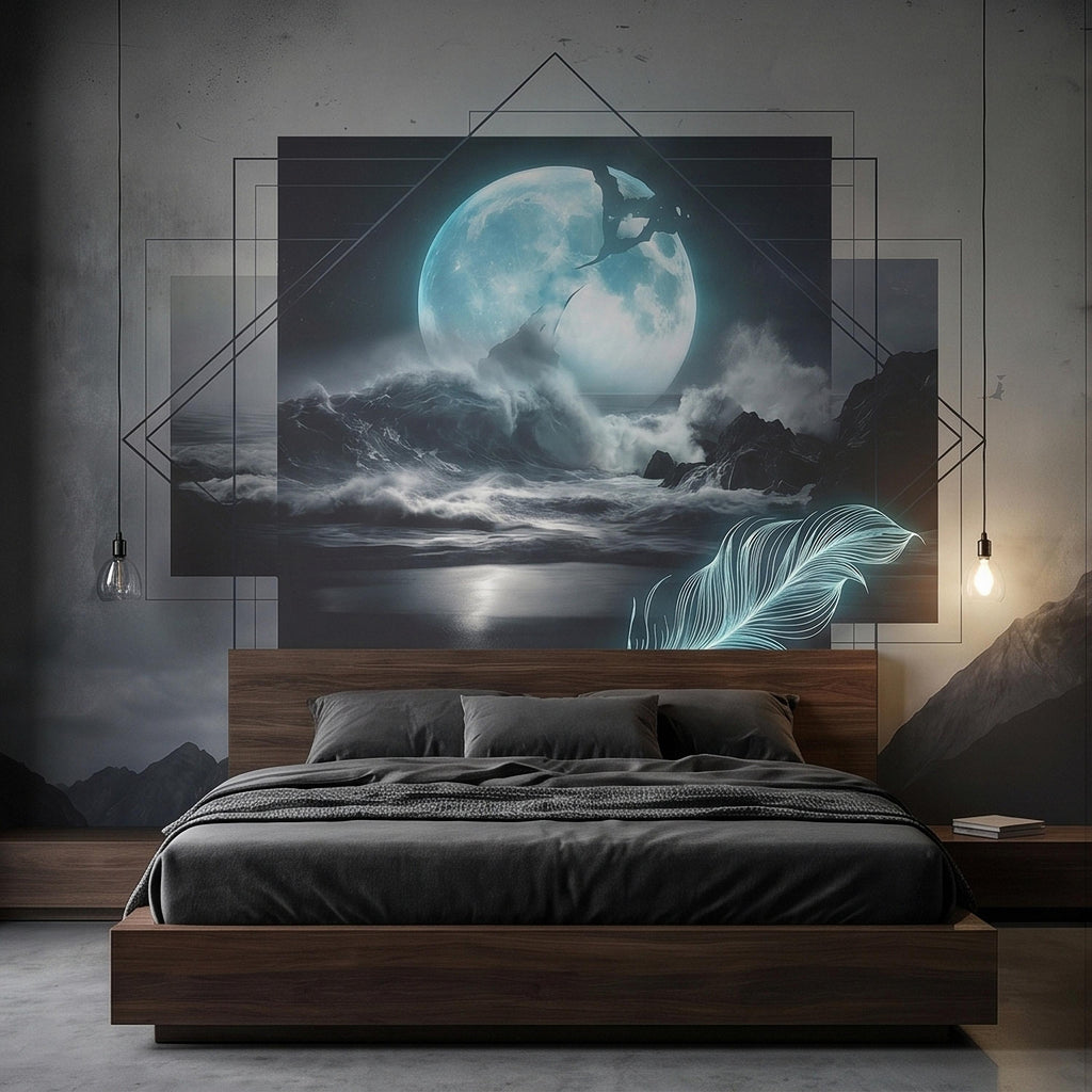 Moonlit Ocean Peel and Stick Wall Mural, Glowing Full Moon Over Stormy Waves, Geometric Frame Feather, Dark Surreal Celestial Wallpaper