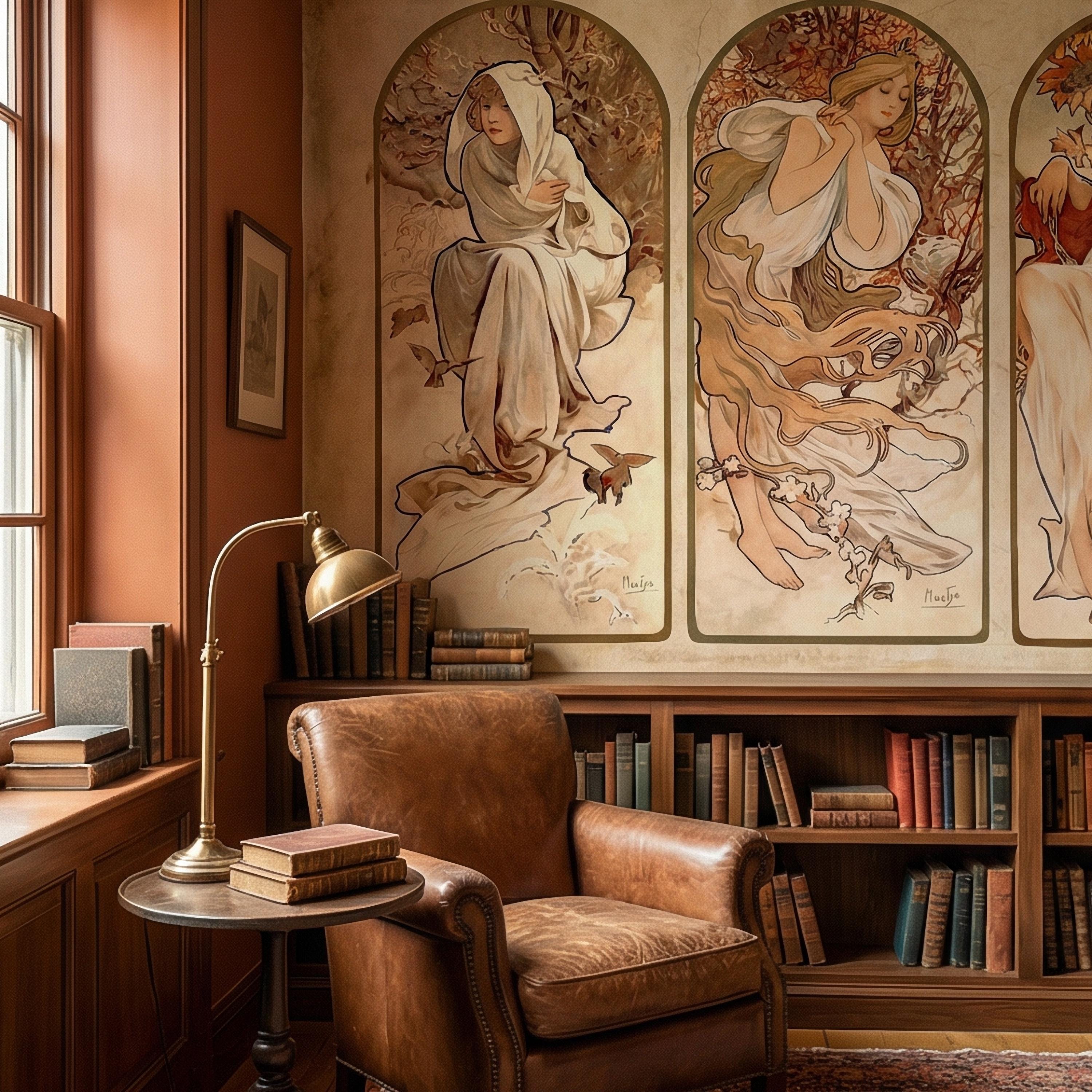 Art Nouveau Four Seasons Peel and Stick Wall Mural, Vintage Arched Women Panels, French Belle Epoque Allegory, Antique Parchment Wallpaper