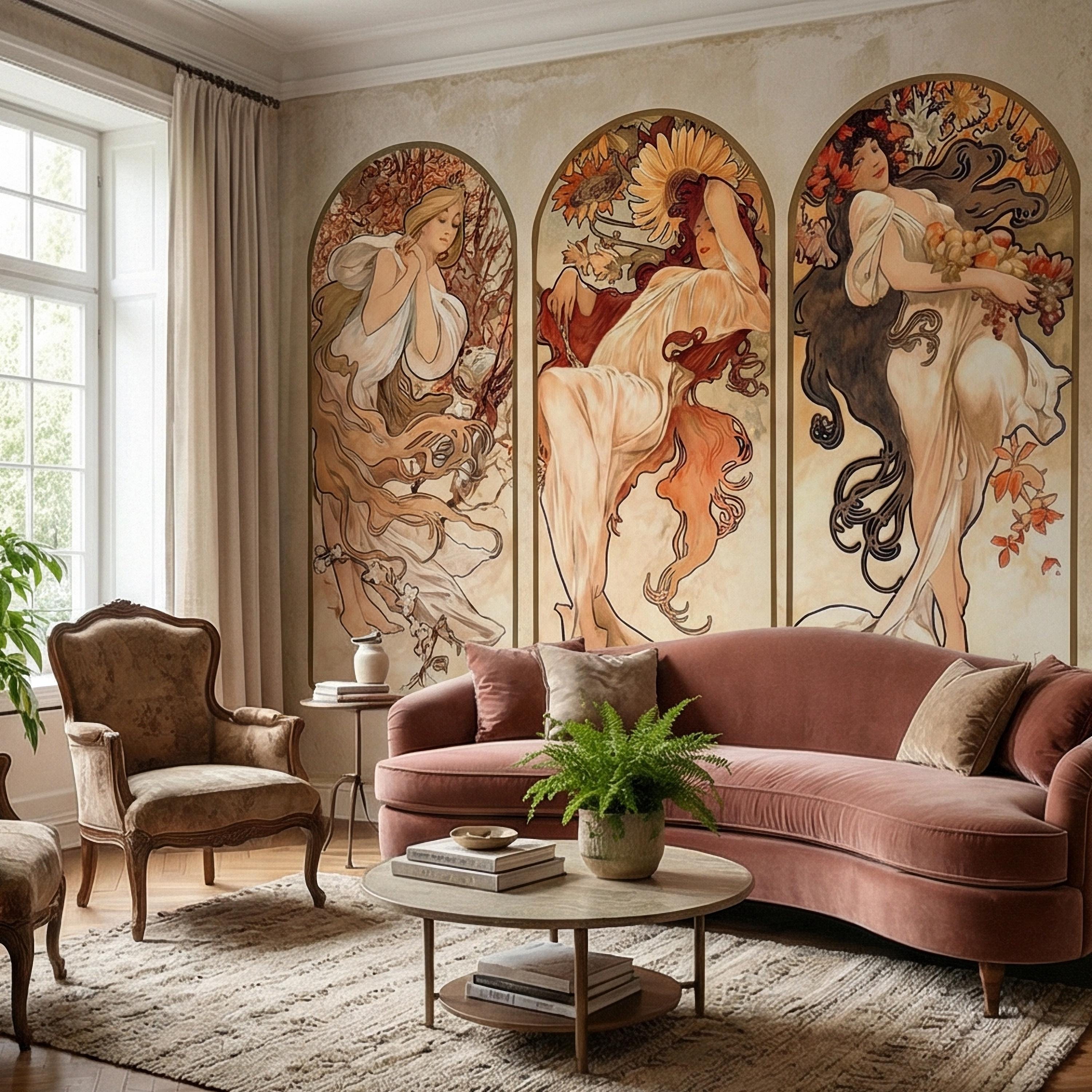 Art Nouveau Four Seasons Peel and Stick Wall Mural, Vintage Arched Women Panels, French Belle Epoque Allegory, Antique Parchment Wallpaper