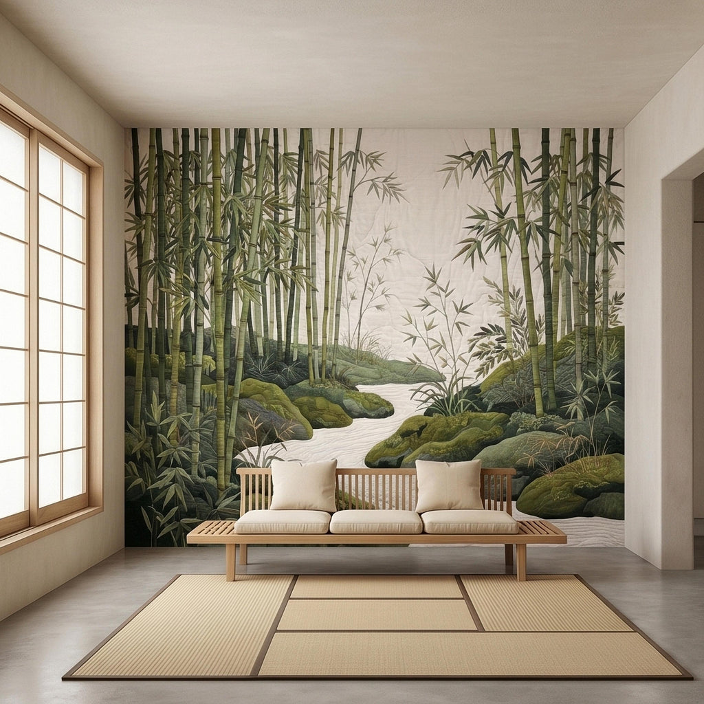 Zen Bamboo Forest Peel and Stick Wall Mural, Japanese Garden Landscape with Tranquil River and Mossy Rocks, Serene Green Botanical Wallpaper