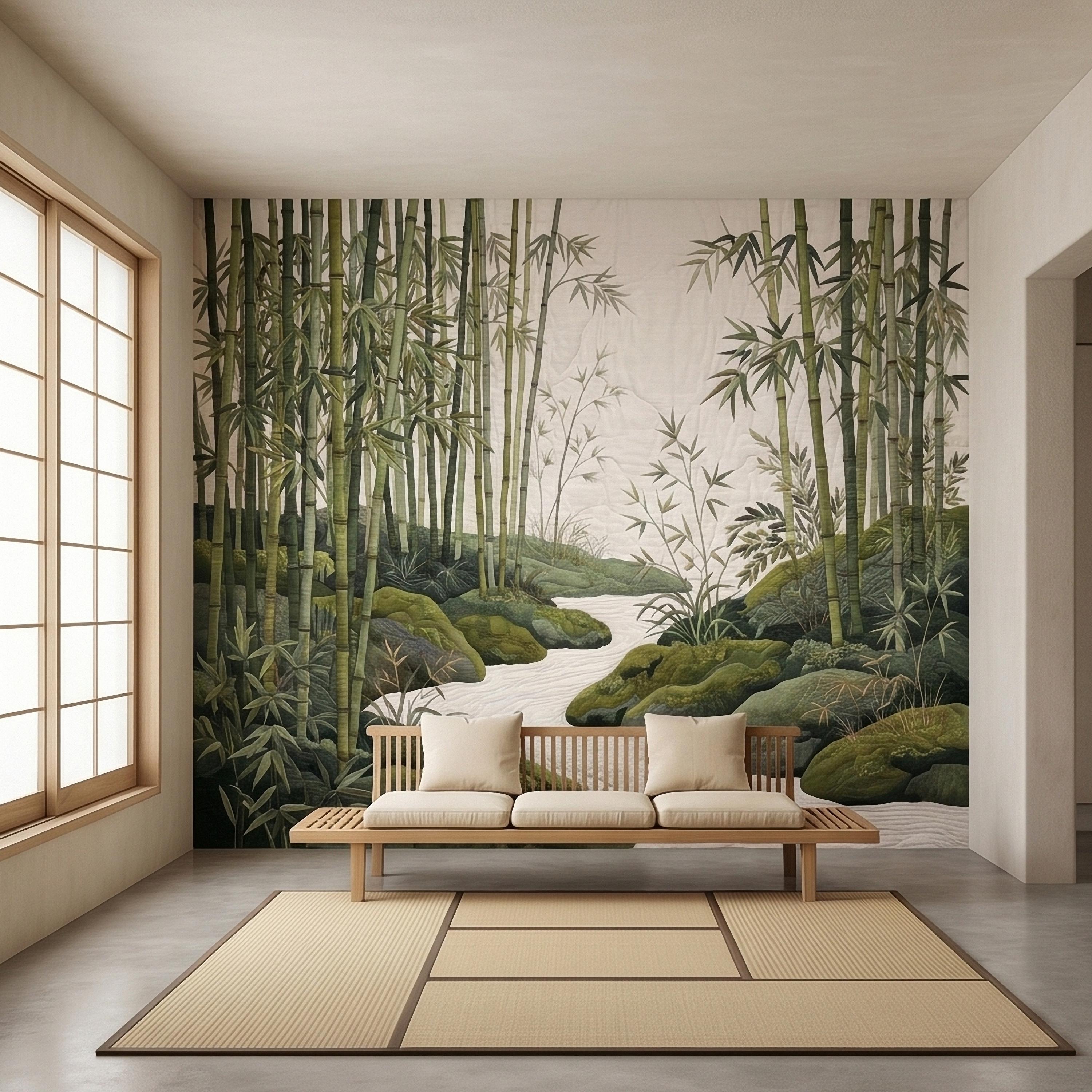 Zen Bamboo Forest Peel and Stick Wall Mural, Japanese Garden Landscape with Tranquil River and Mossy Rocks, Serene Green Botanical Wallpaper