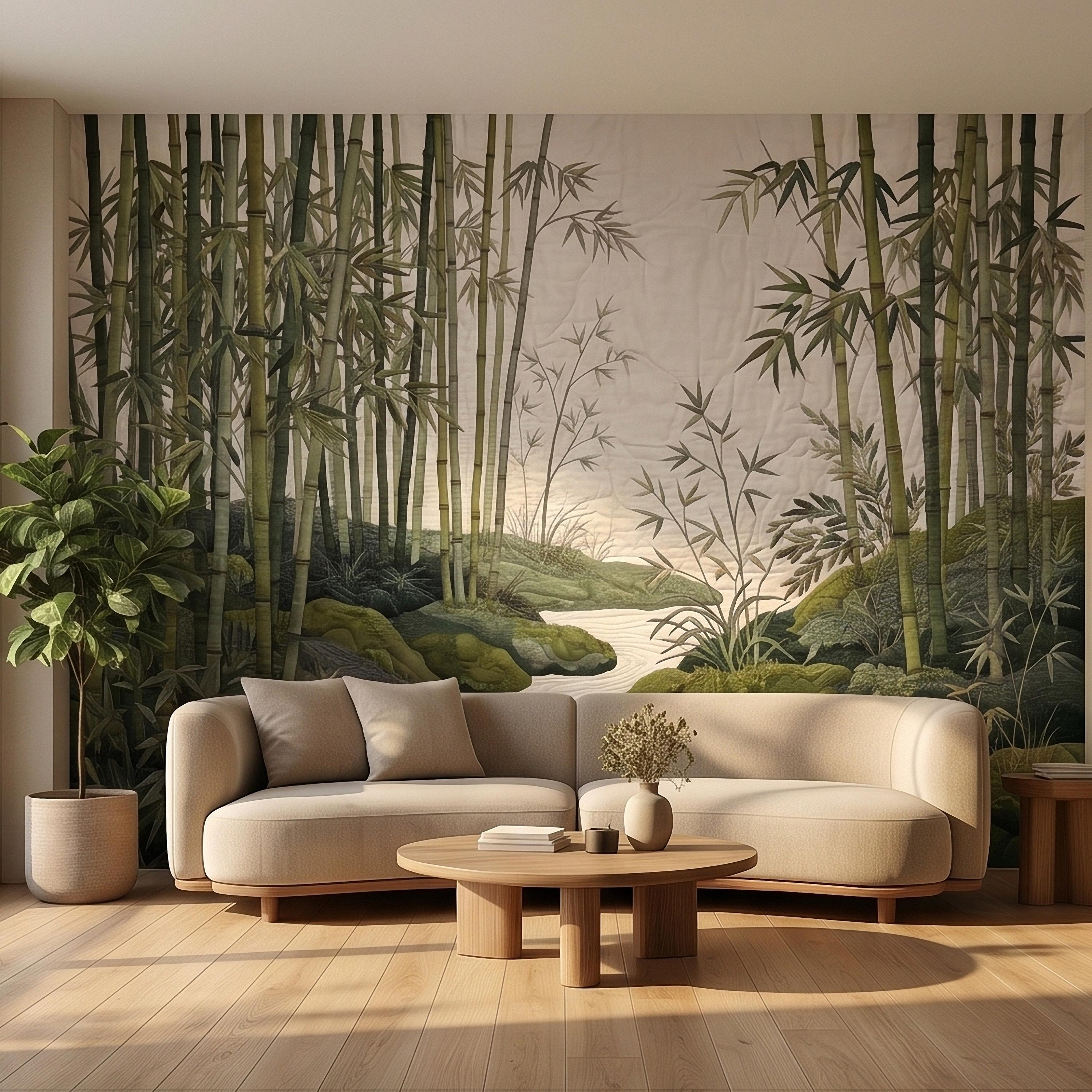 Zen Bamboo Forest Peel and Stick Wall Mural, Japanese Garden Landscape with Tranquil River and Mossy Rocks, Serene Green Botanical Wallpaper