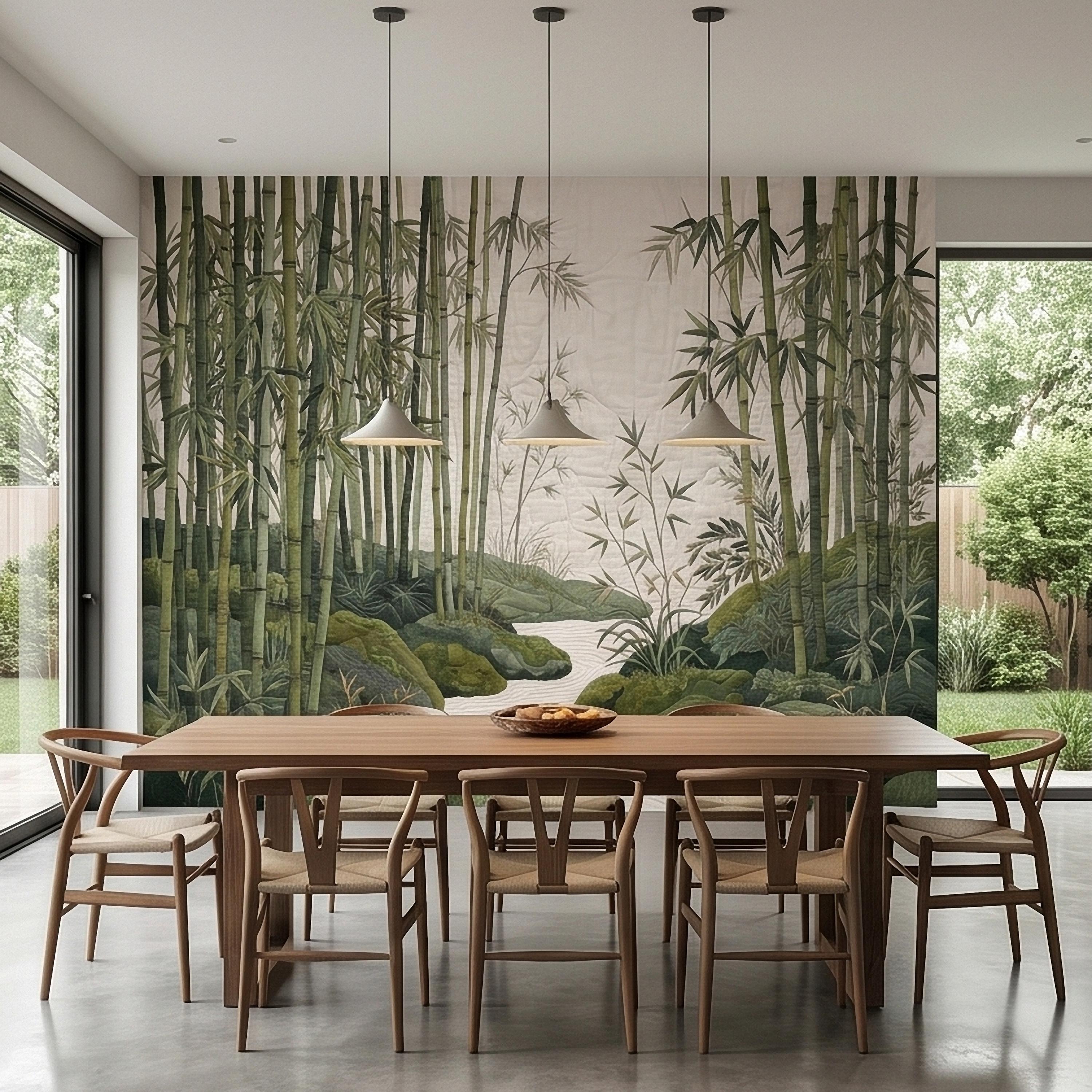 Zen Bamboo Forest Peel and Stick Wall Mural, Japanese Garden Landscape with Tranquil River and Mossy Rocks, Serene Green Botanical Wallpaper