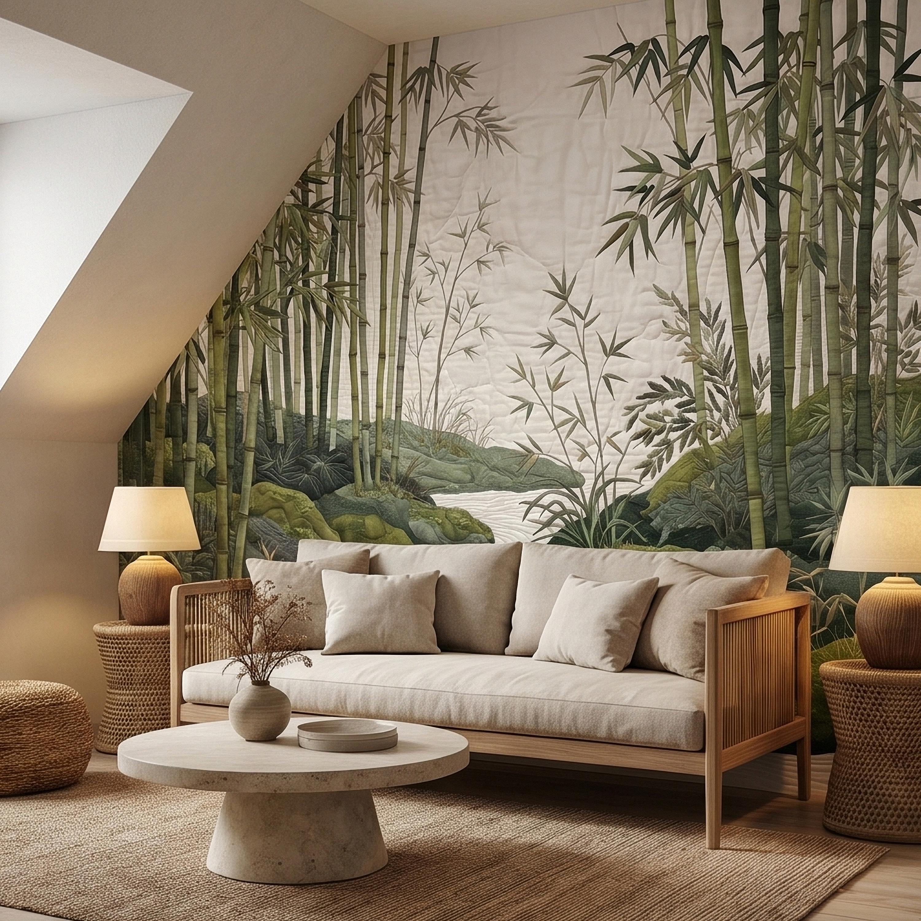 Zen Bamboo Forest Peel and Stick Wall Mural, Japanese Garden Landscape with Tranquil River and Mossy Rocks, Serene Green Botanical Wallpaper