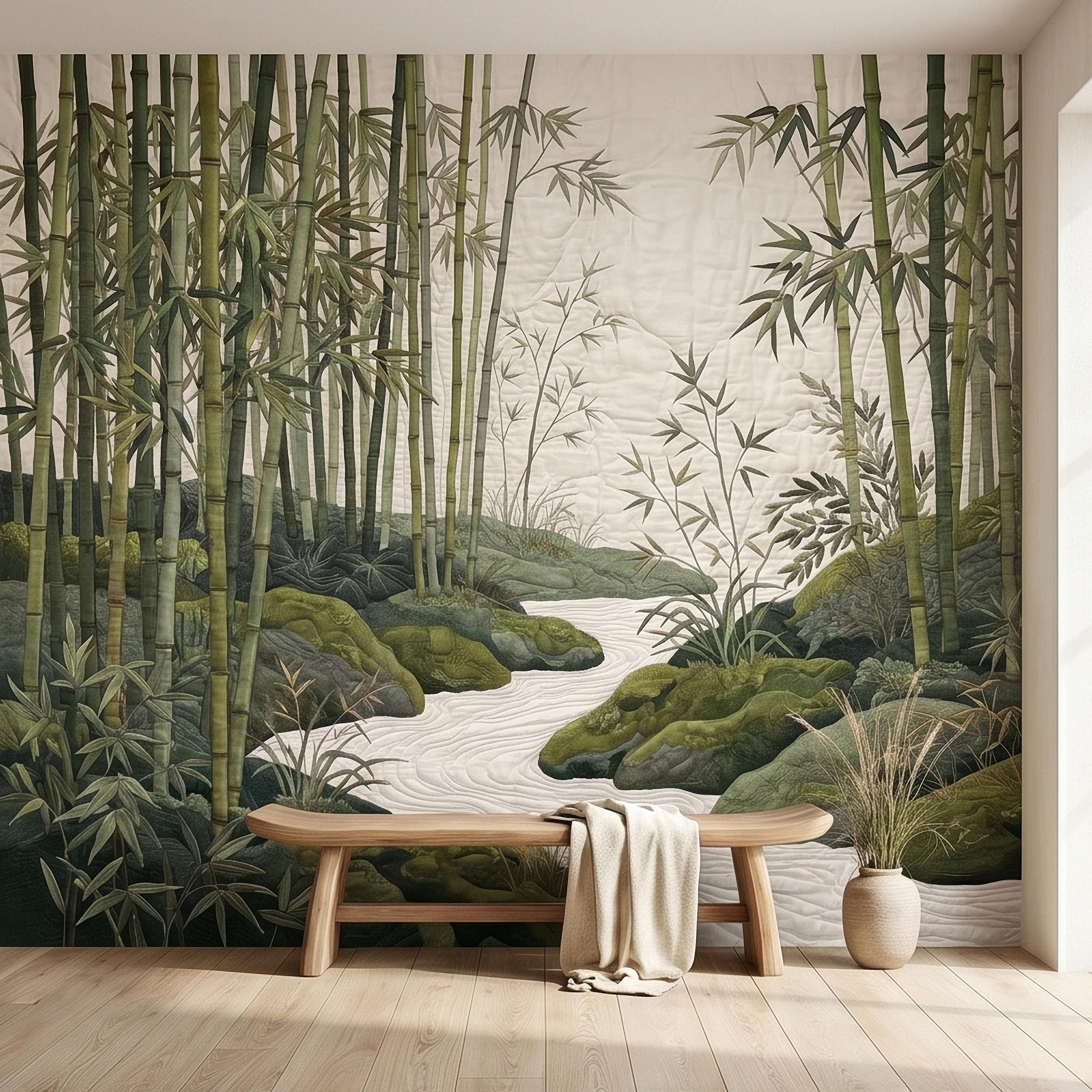 Zen Bamboo Forest Peel and Stick Wall Mural, Japanese Garden Landscape with Tranquil River and Mossy Rocks, Serene Green Botanical Wallpaper