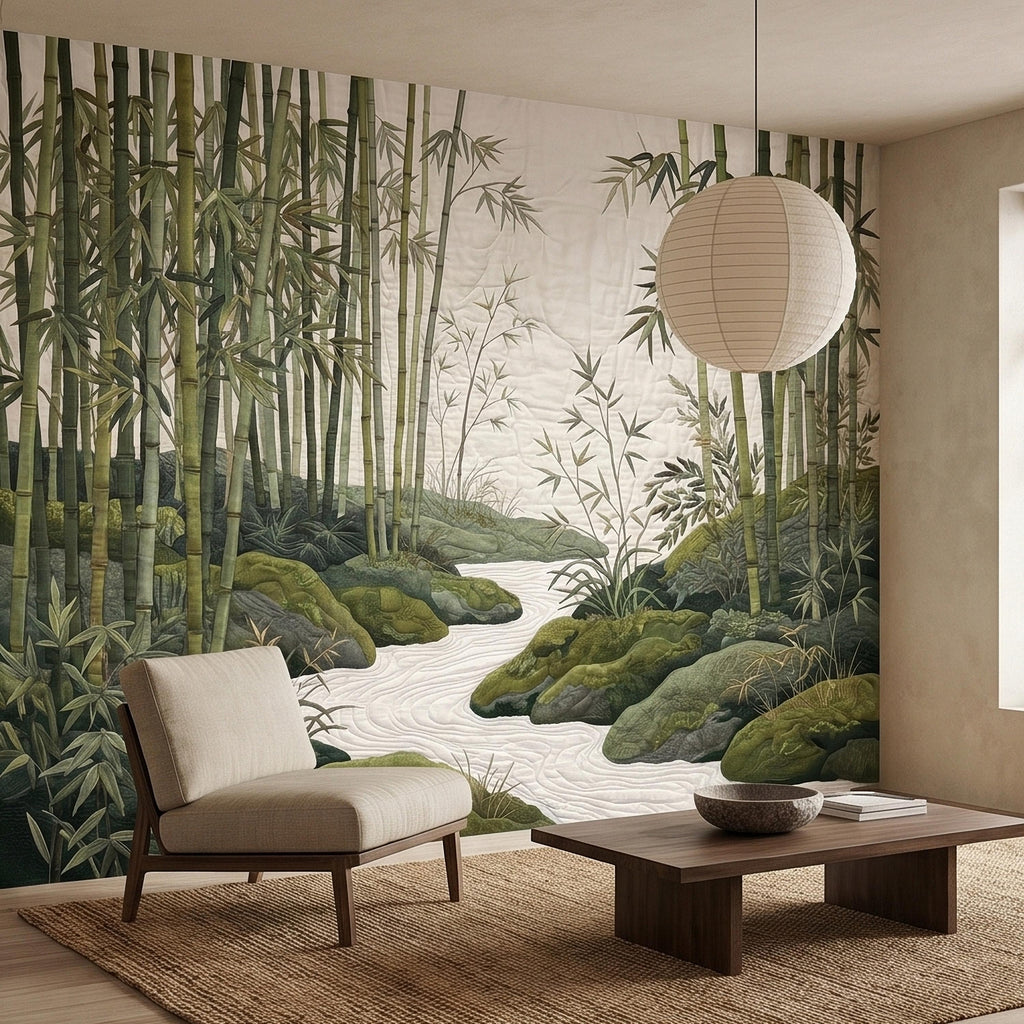 Zen Bamboo Forest Peel and Stick Wall Mural, Japanese Garden Landscape with Tranquil River and Mossy Rocks, Serene Green Botanical Wallpaper