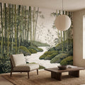 Zen Bamboo Forest Peel and Stick Wall Mural, Japanese Garden Landscape with Tranquil River and Mossy Rocks, Serene Green Botanical Wallpaper