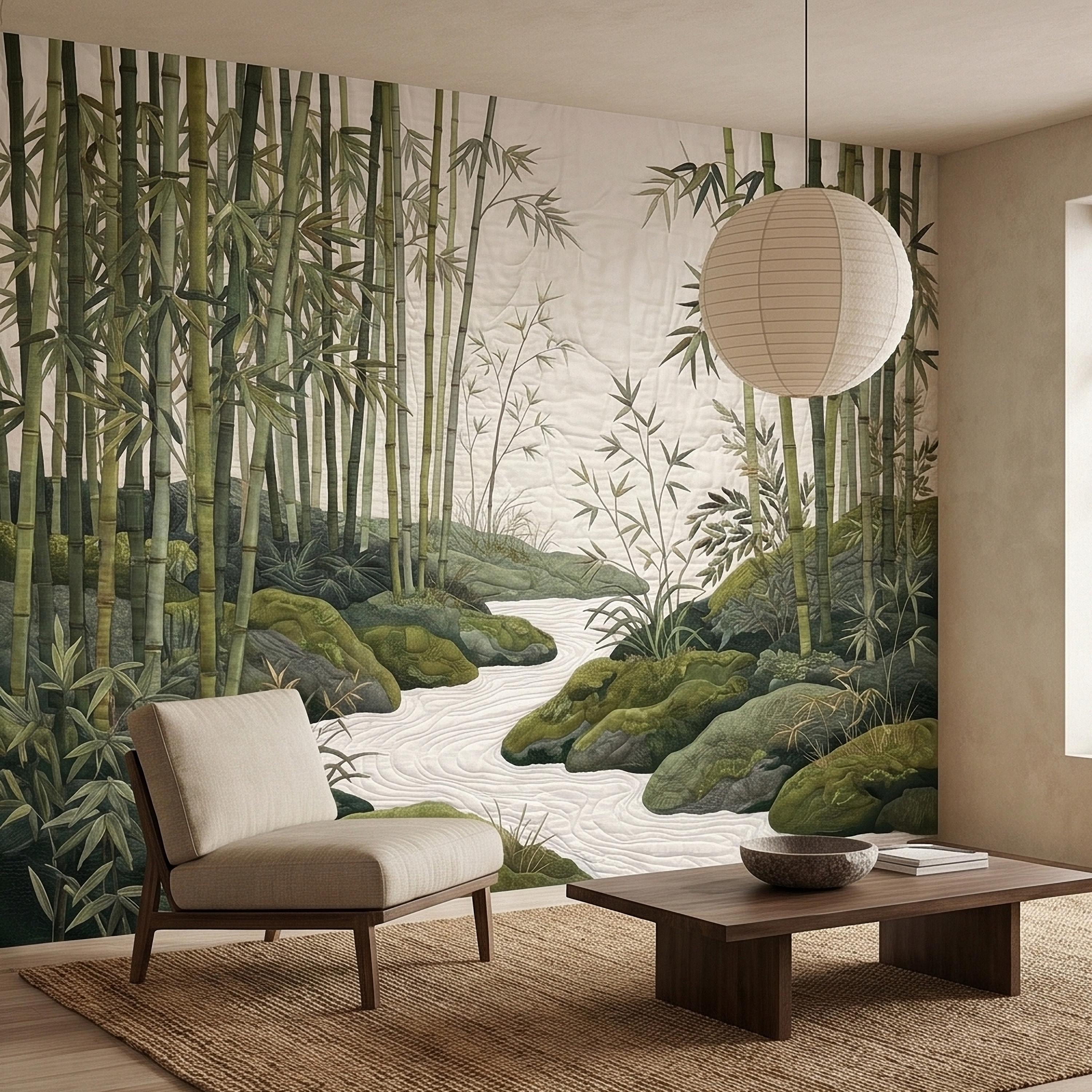 Zen Bamboo Forest Peel and Stick Wall Mural, Japanese Garden Landscape with Tranquil River and Mossy Rocks, Serene Green Botanical Wallpaper