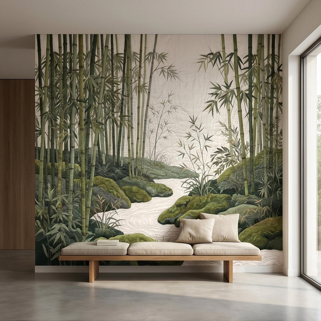 Zen Bamboo Forest Peel and Stick Wall Mural, Japanese Garden Landscape with Tranquil River and Mossy Rocks, Serene Green Botanical Wallpaper
