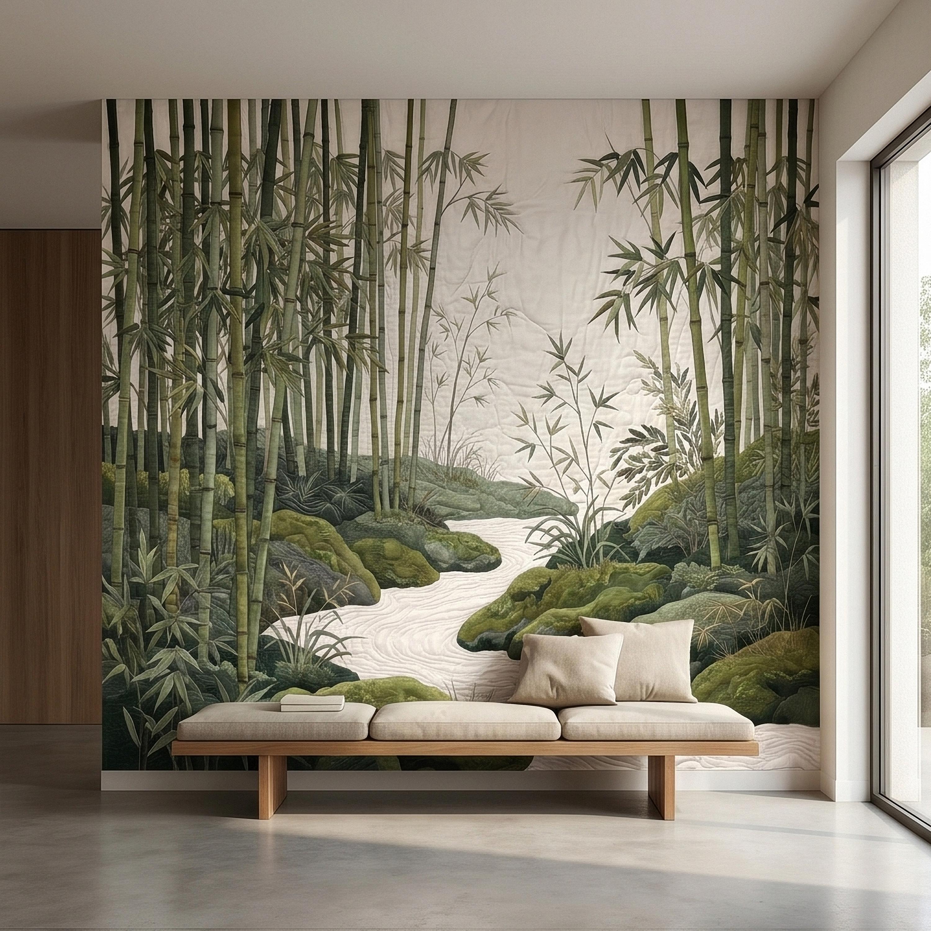 Zen Bamboo Forest Peel and Stick Wall Mural, Japanese Garden Landscape with Tranquil River and Mossy Rocks, Serene Green Botanical Wallpaper