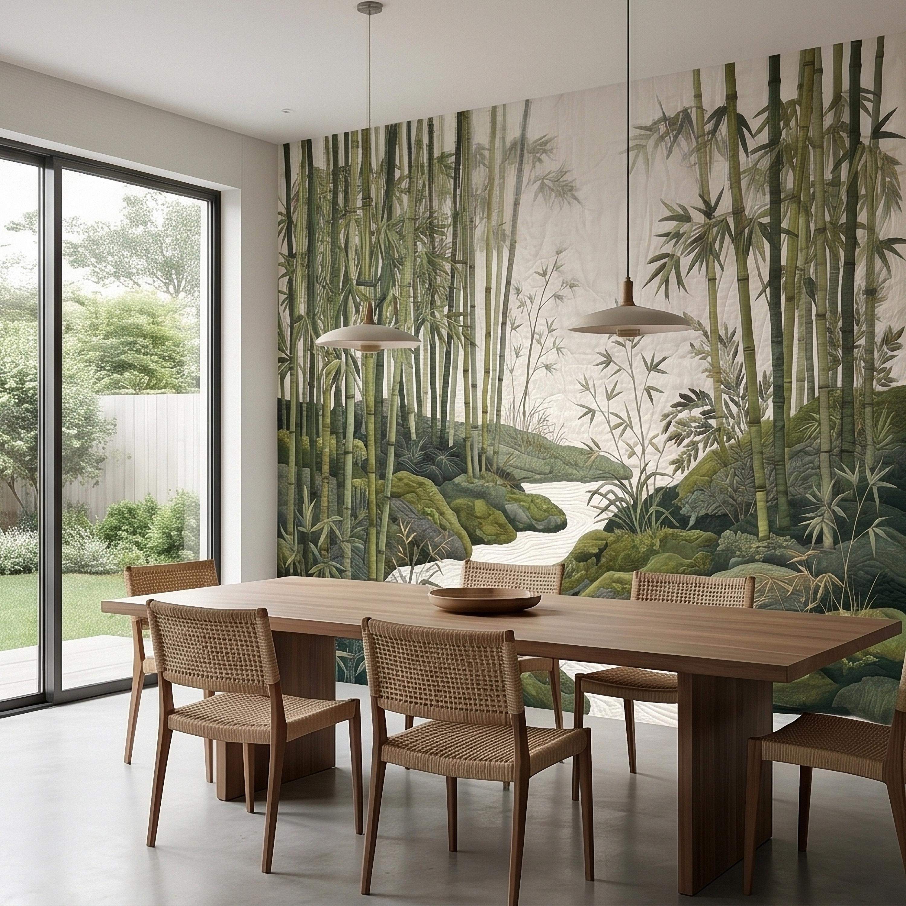 Zen Bamboo Forest Peel and Stick Wall Mural, Japanese Garden Landscape with Tranquil River and Mossy Rocks, Serene Green Botanical Wallpaper