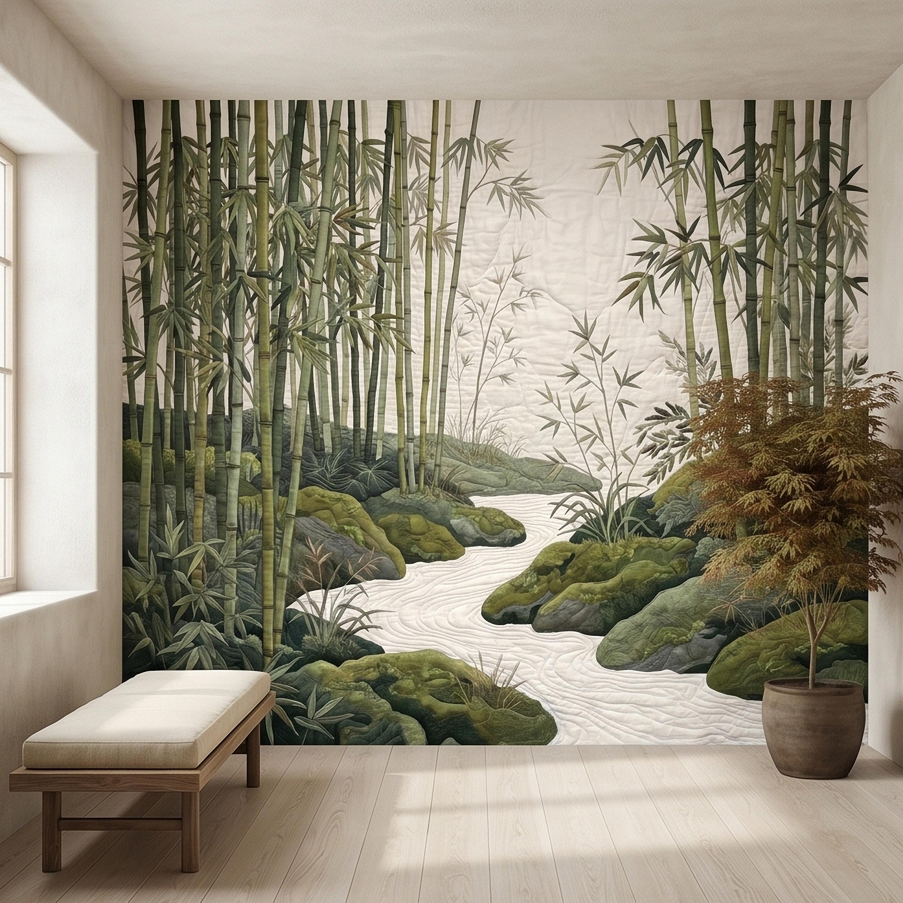 Zen Bamboo Forest Peel and Stick Wall Mural, Japanese Garden Landscape with Tranquil River and Mossy Rocks, Serene Green Botanical Wallpaper